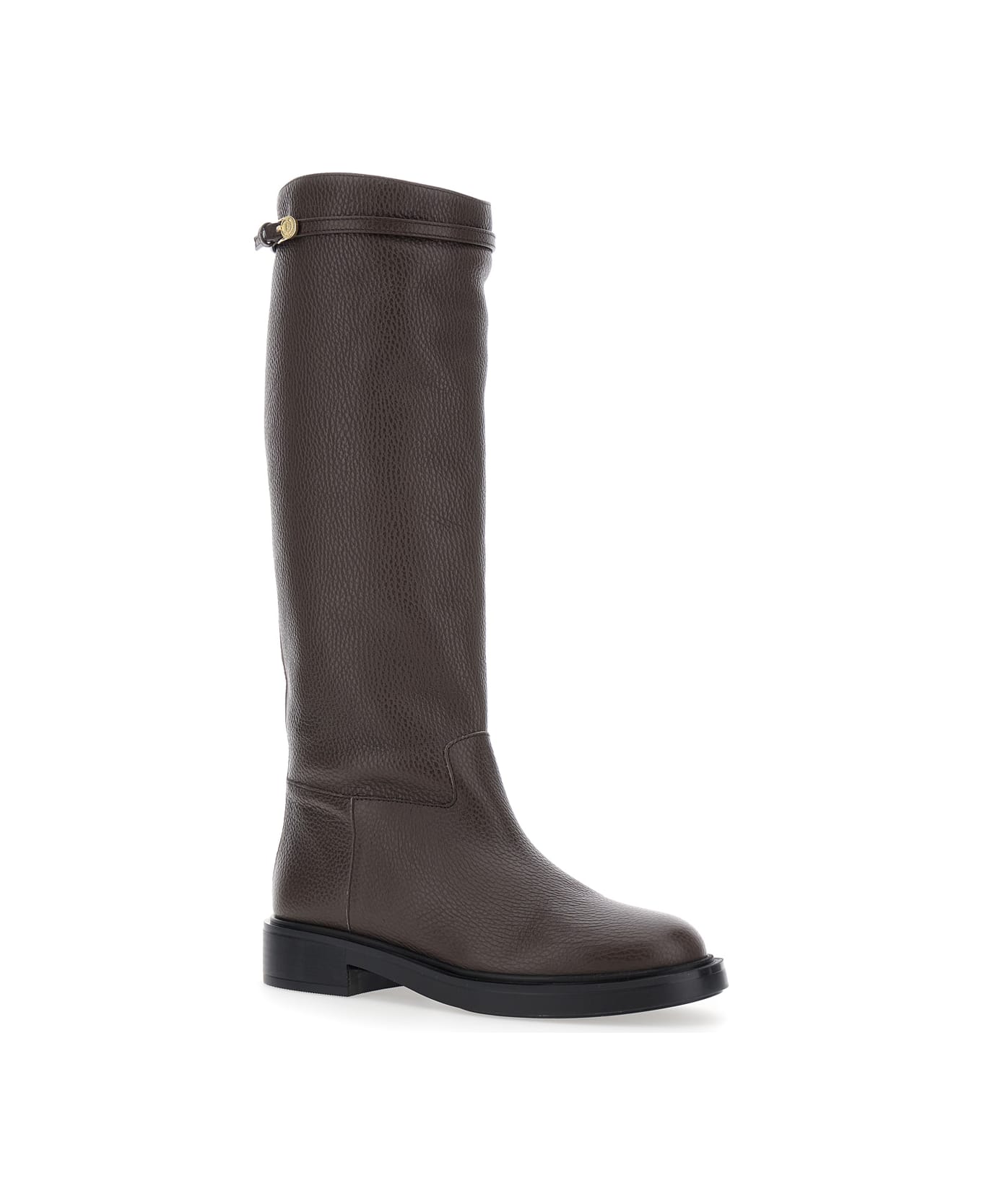 Pollini Brown Knee-high Boots With Buckle Detail In Grained Leather Woman - Brown