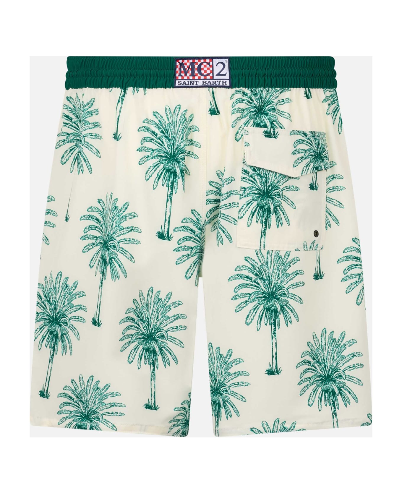 MC2 Saint Barth Long Stretch Comfort Surf Swim Shorts With Palm Print - WHITE