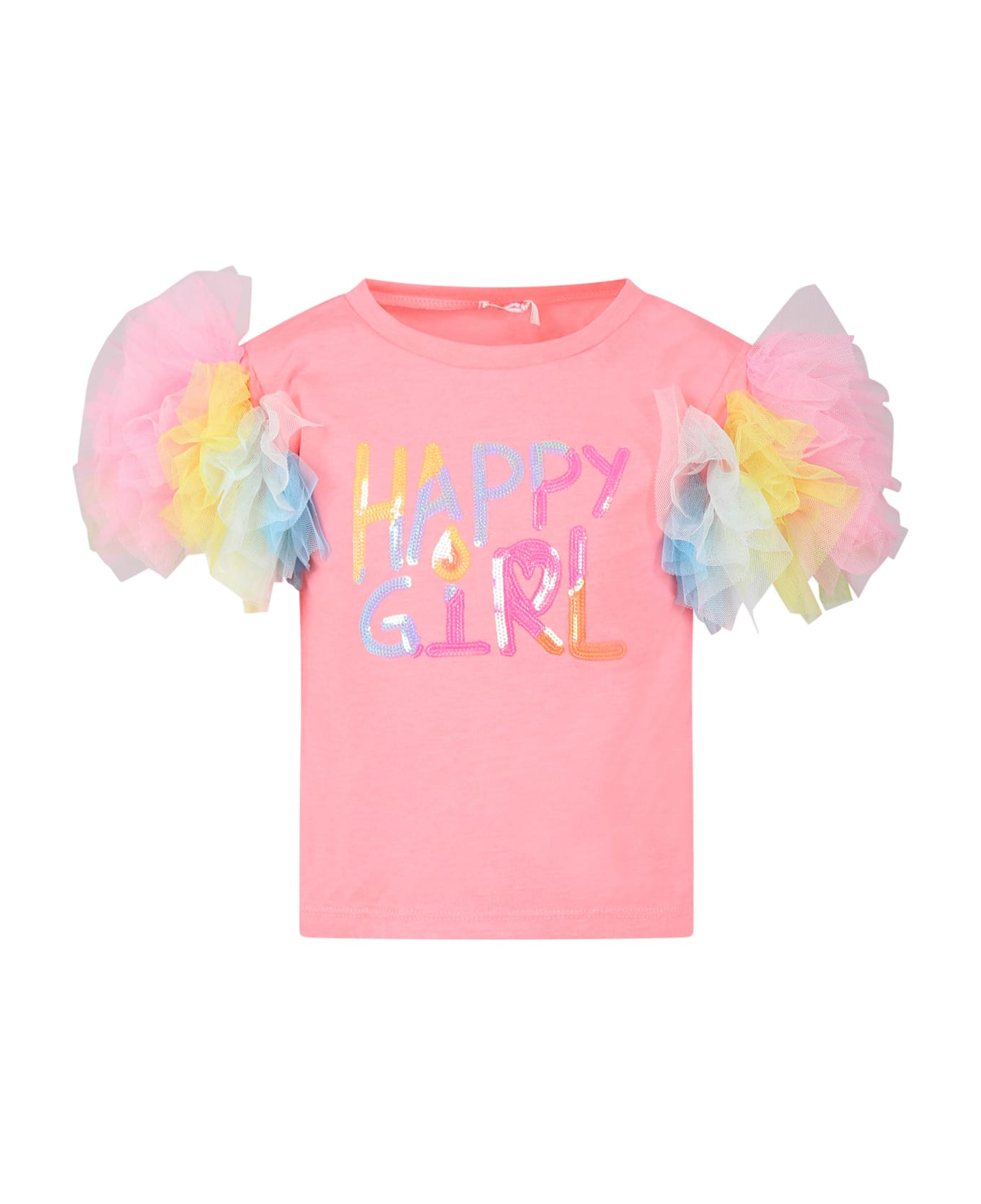 Billieblush Fuchsia T-shirt For Girl With Tulle And Multicolor Print - Fuchsia Tシャツ＆ポロシャツ