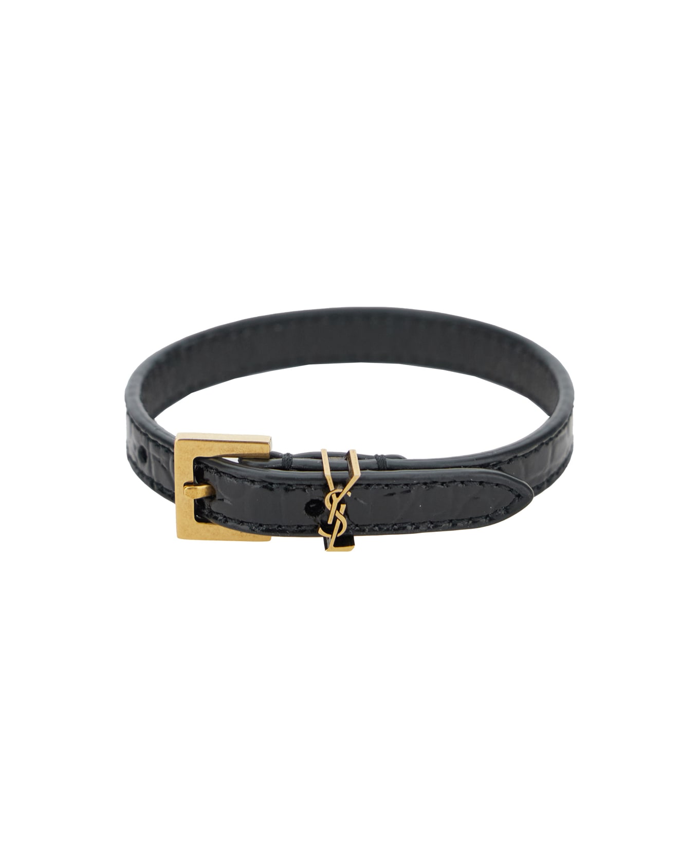 Saint Laurent 'cassandre' Black Belt Bracelet In Croco Printed Leather Woman - Black