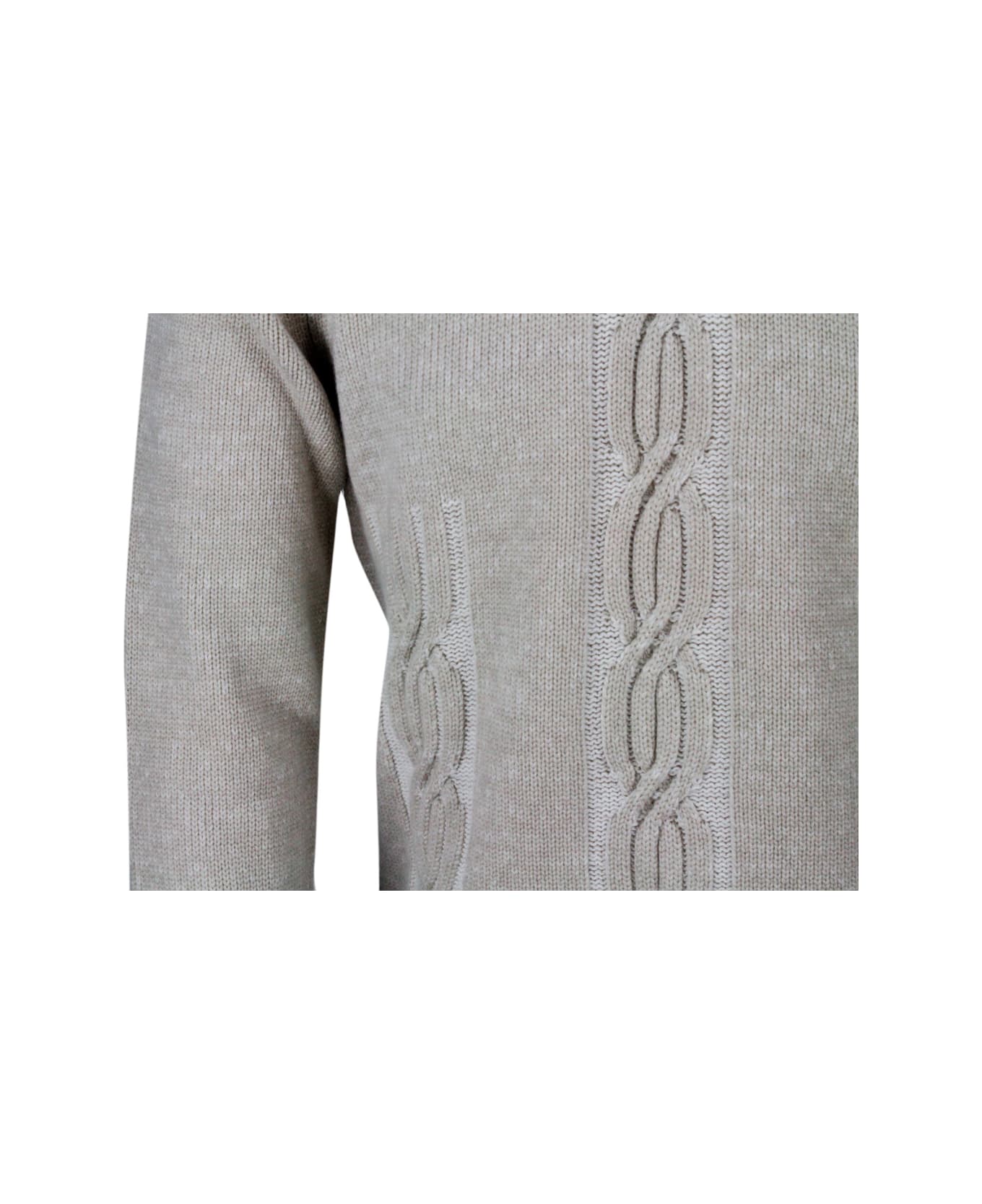 Kiton Long-sleeved Crew-neck Sweater In 100% Pure Cashmere With Braid And Vanisè Coloring - Ivory