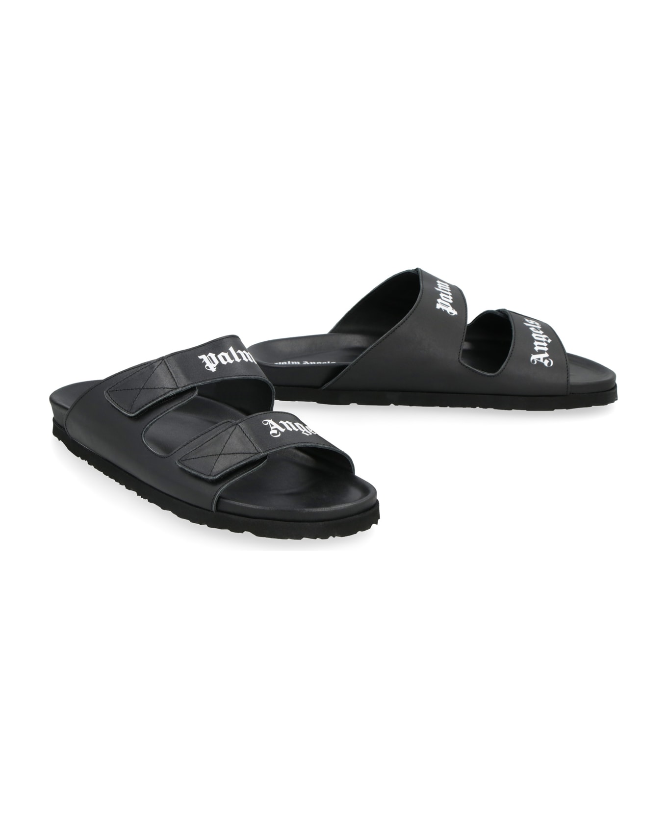 Palm Angels Leather Slides With Logo - black