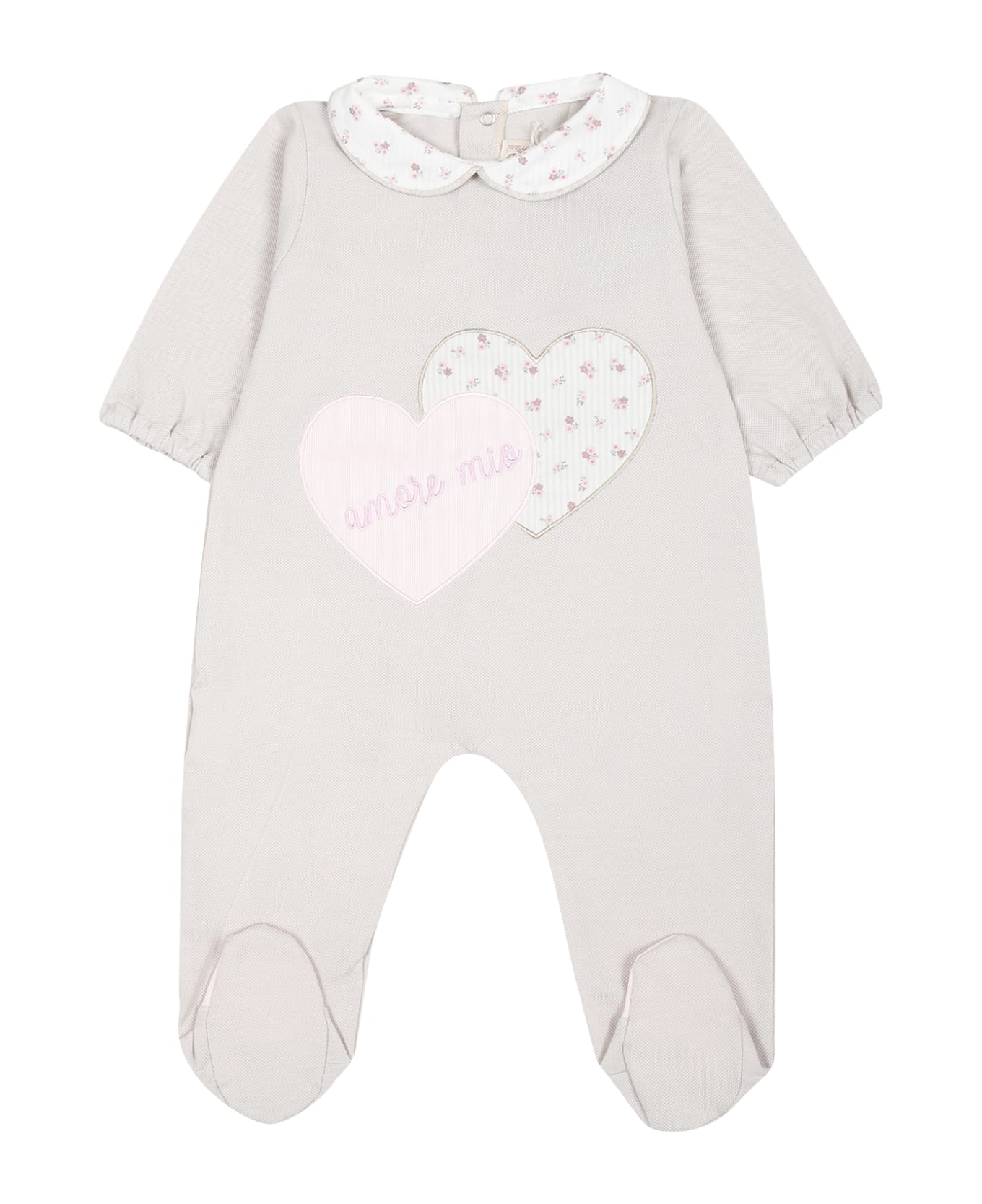 La stupenderia Beige Babygrow For Baby Girl With Hearts And Writing - Beige