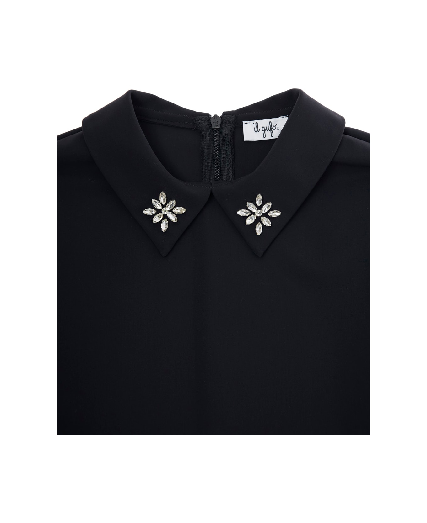 Il Gufo Black Dress With Beaded Collar And Rear Zip Closure In Tech Fabric Stretch Girl - Black