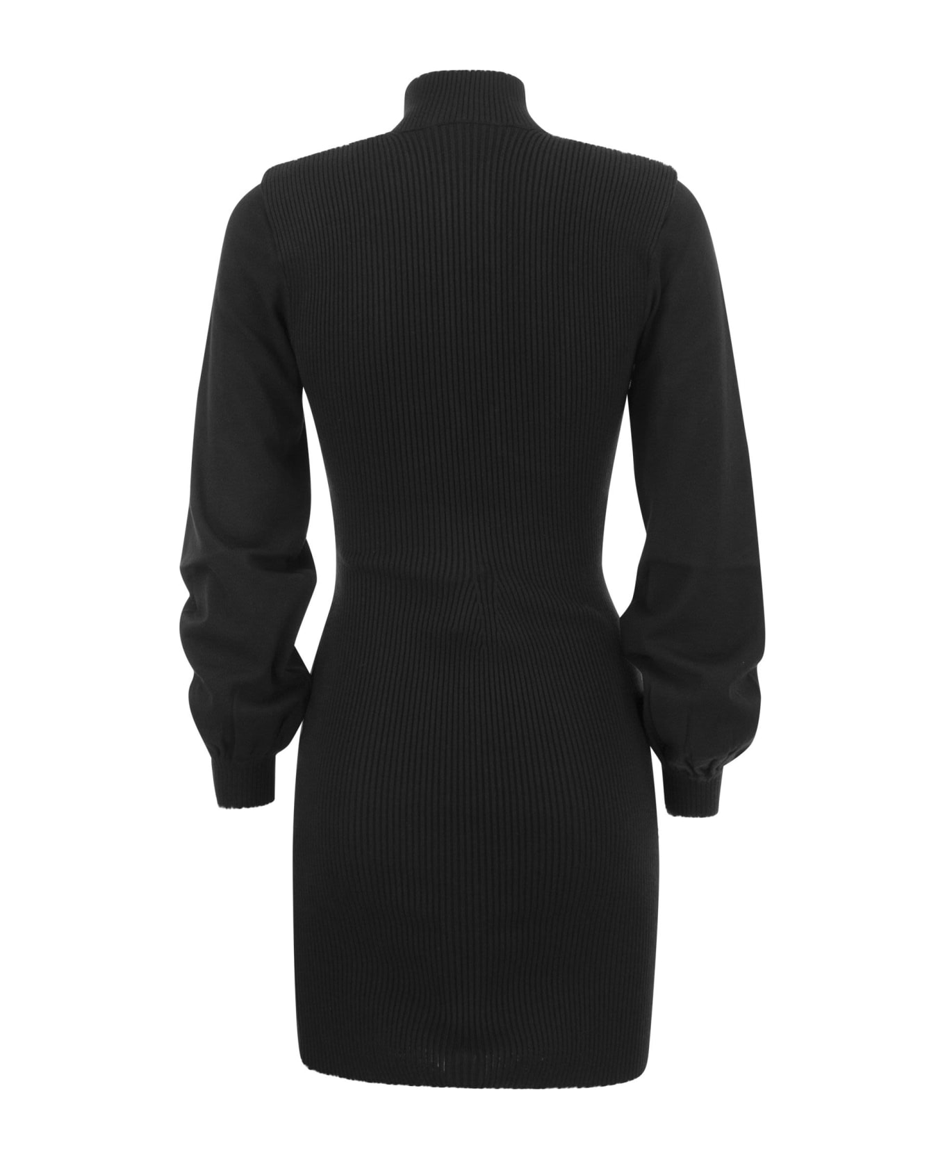 Elisabetta Franchi Ribbed Mini Dress With High Neck And Cups - Black