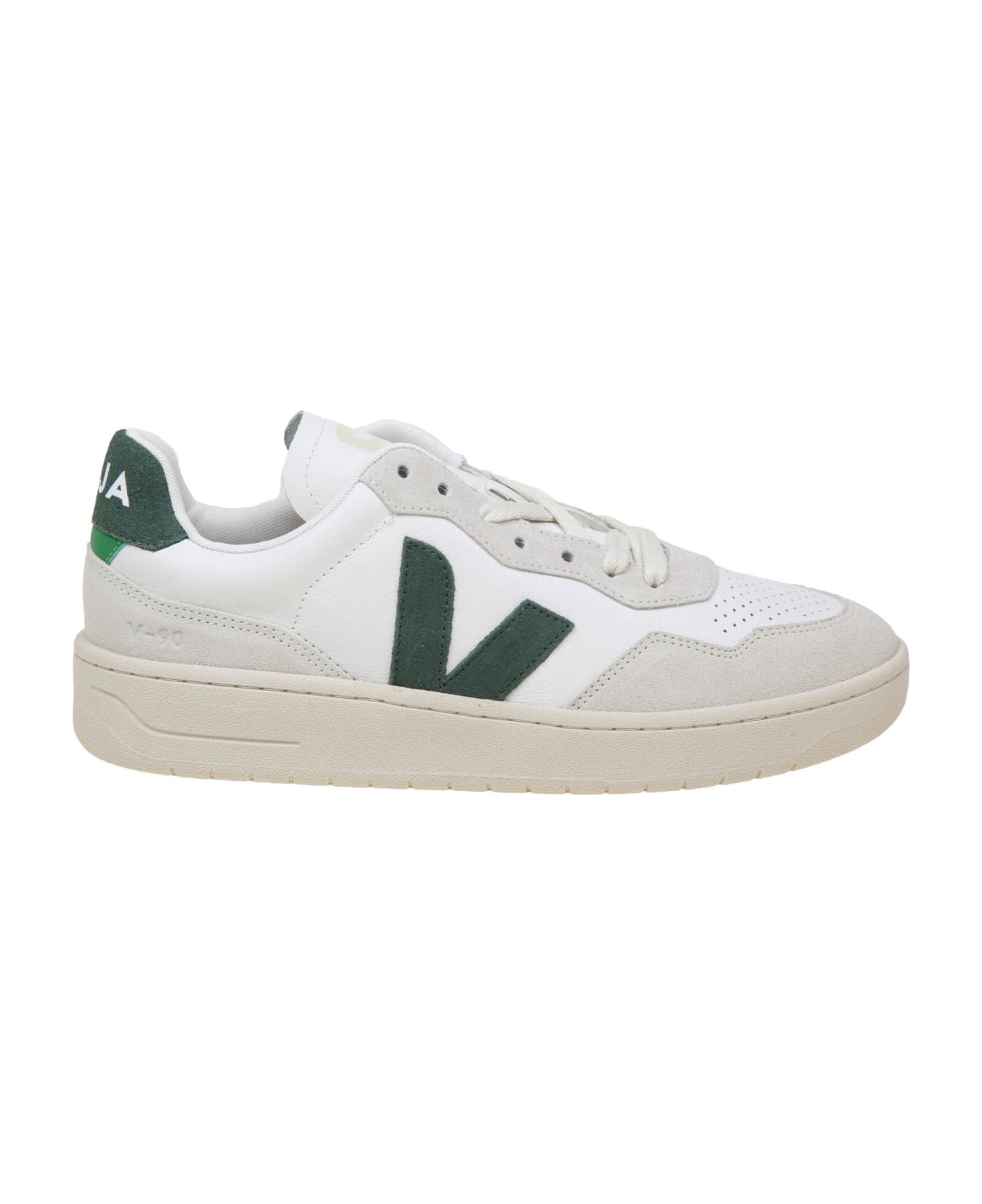 Veja V 90 Sneakers In White And Green Leather And Suede - WHITE/CYPRUS