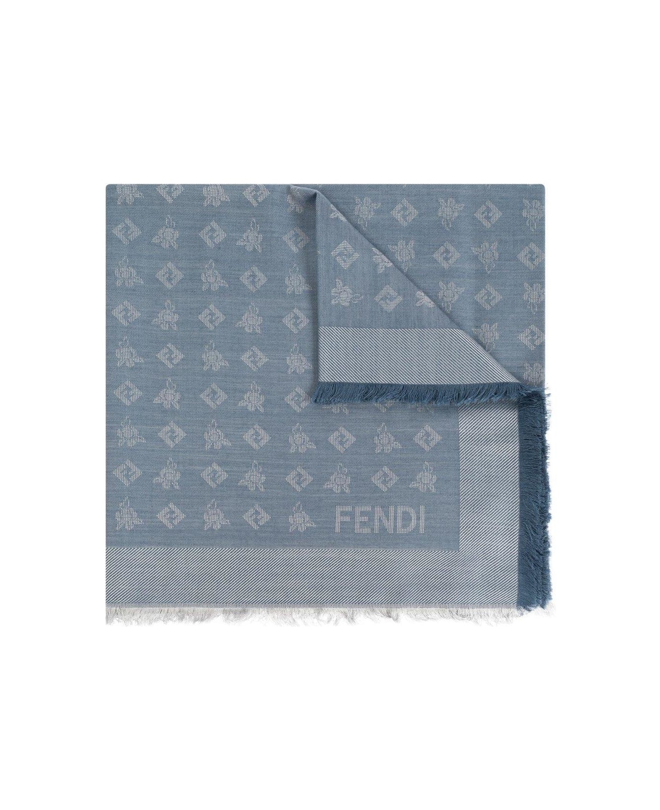 Fendi Ff Jacquard Frayed-edge Scarf - Blue