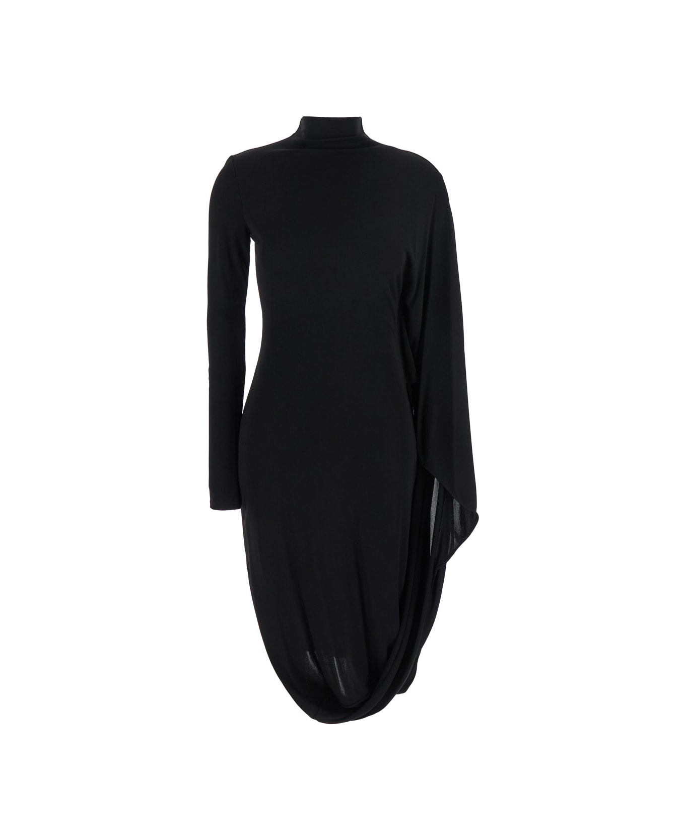 Stella McCartney Black Asymmetric Midi Dress With High Neck And One Cape Sleeve In Viscose Woman - Black