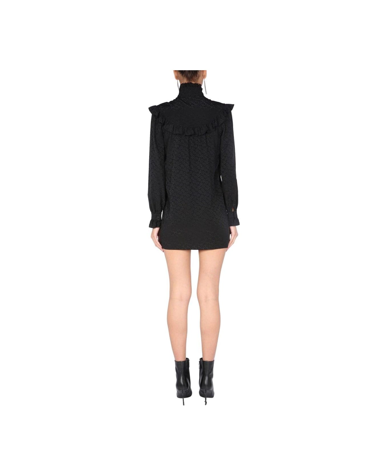Saint Laurent High Neck Long-sleeved Mini Dress - BLACK
