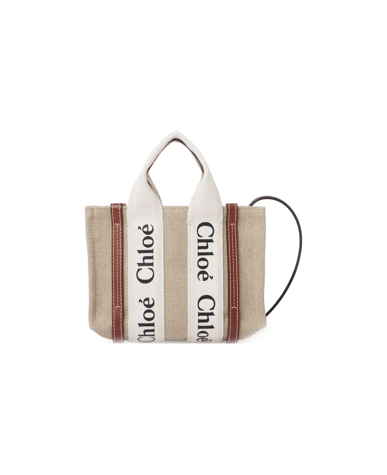 Chloé White And Brown Woody Mini Tote Bag - Marrone