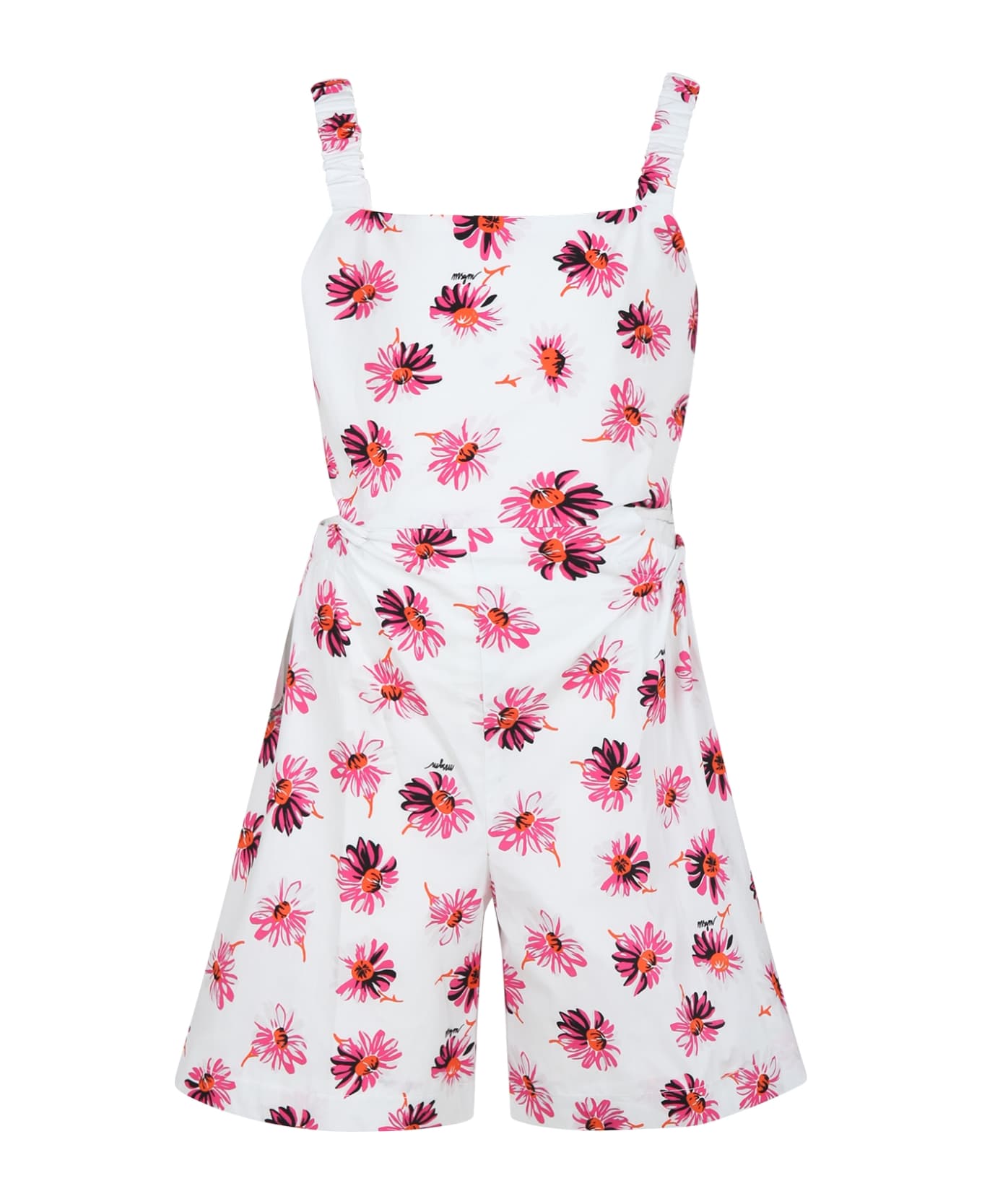 MSGM White Jumpsuit For Girl With Flowers Print - White