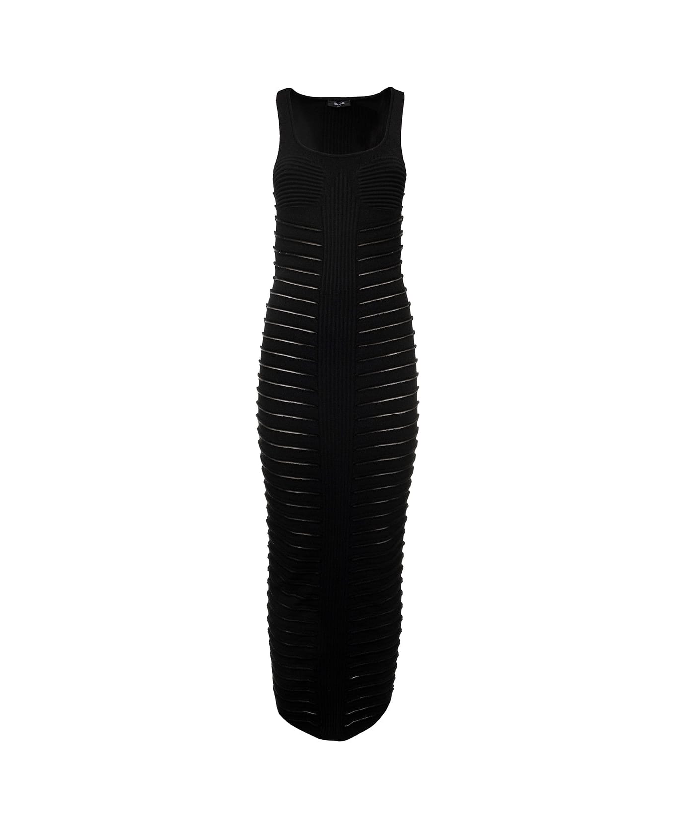 Balmain Sleeveless Textured Rib Knit Long Dress - Black