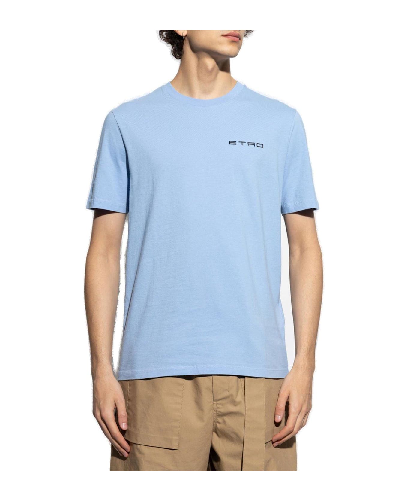 Etro Logo Embroidered Crewneck T-shirt - Clear Blue