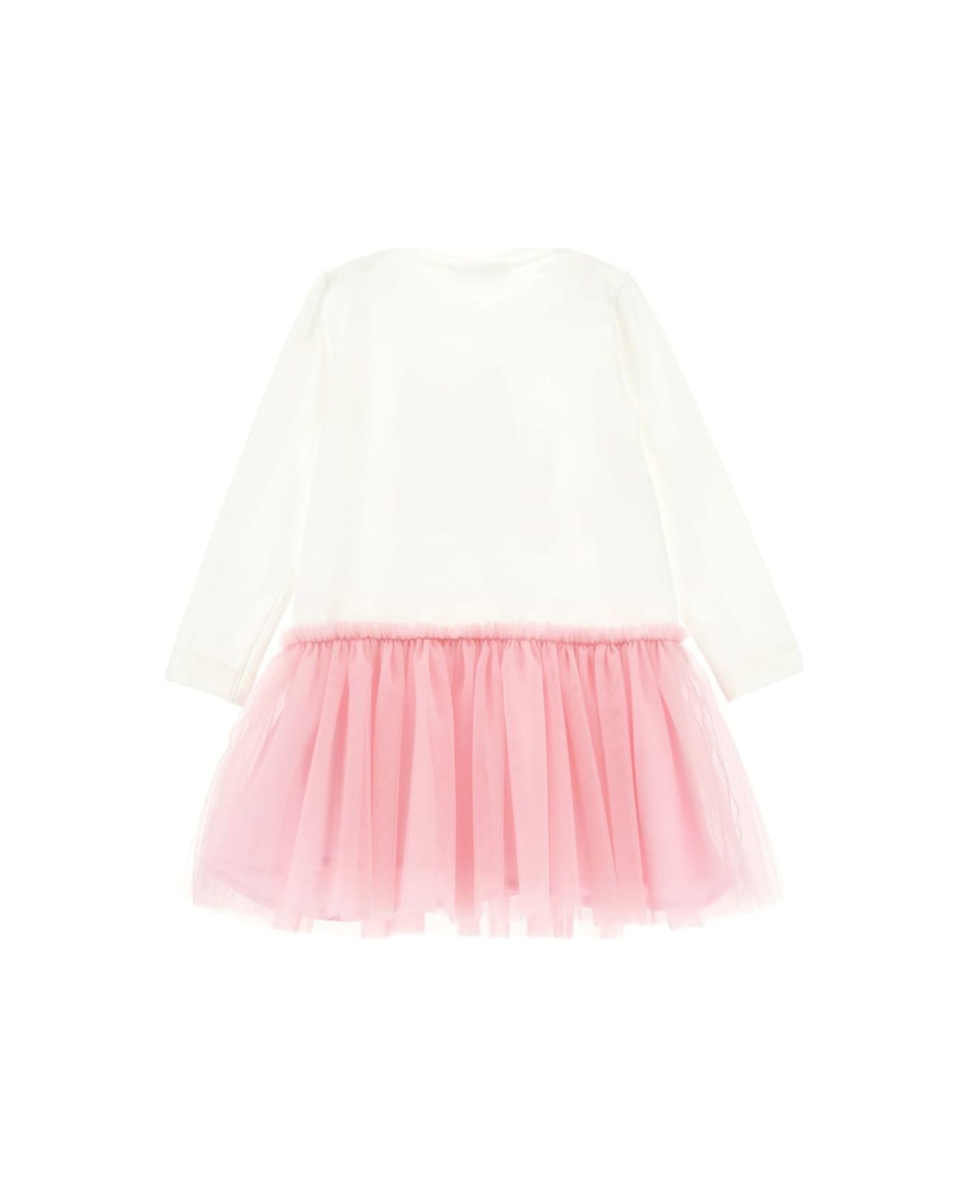 Monnalisa White Dress With Front Print And Built-in Skirt In Cotton Blend Baby - Multicolor