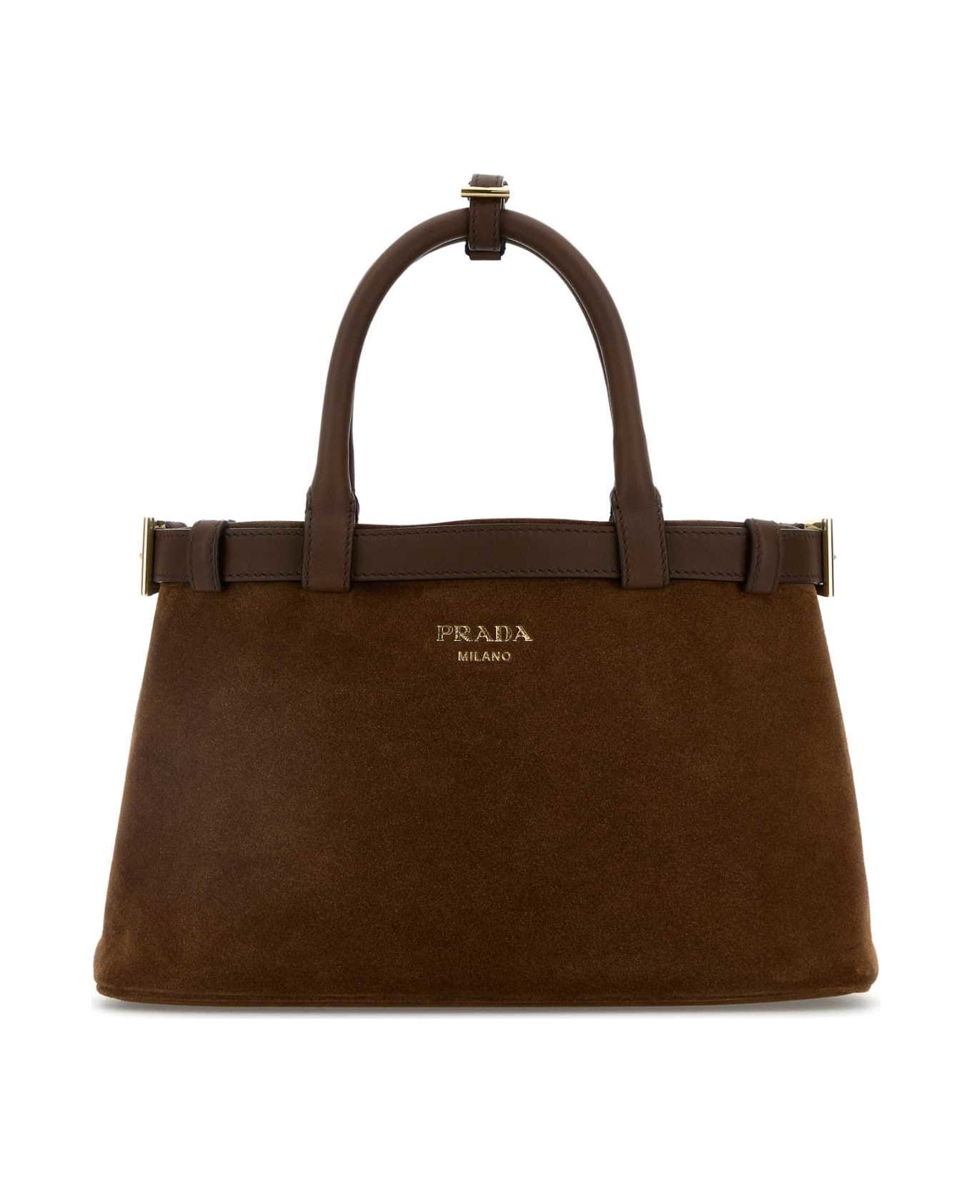 Prada Brown Suede Prada Buckle Handbag - CACAO