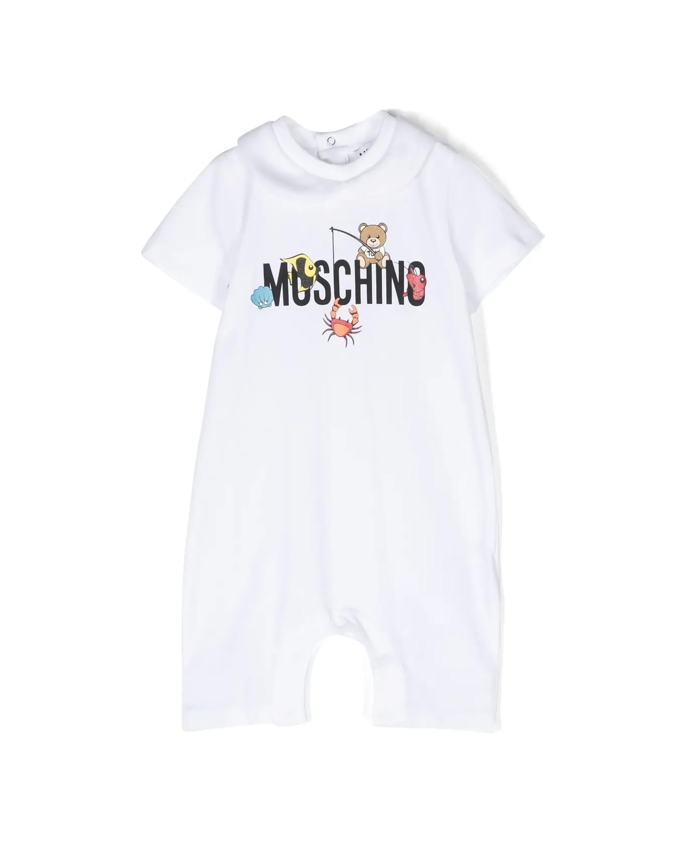 Moschino Short White Playsuit With Logo And Teddy Bear With Fish - White