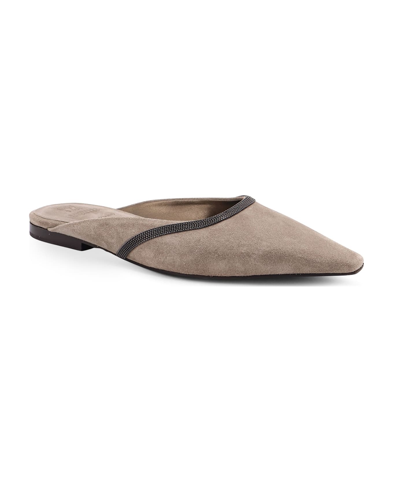 Brunello Cucinelli Suede Mule With Monili Detail - Grey
