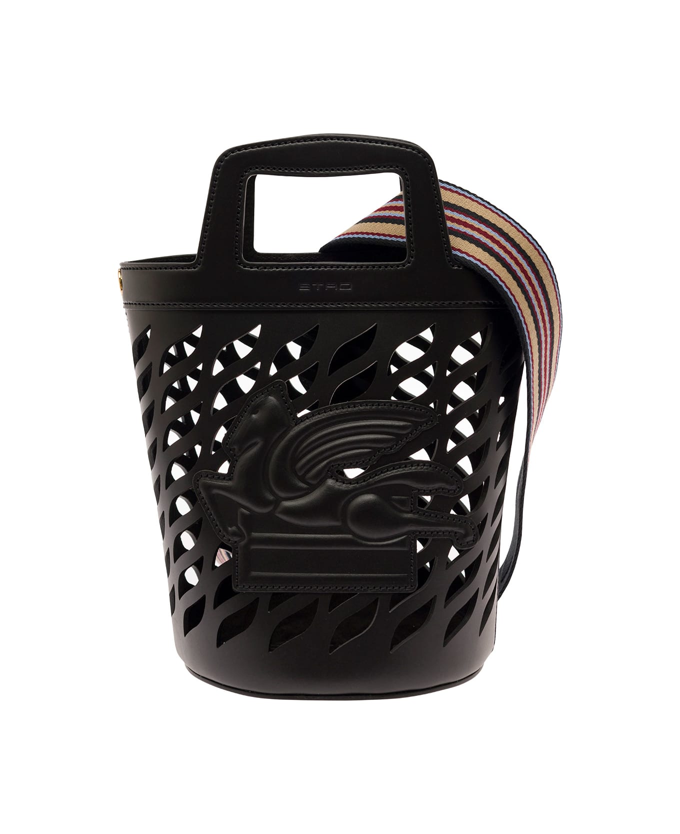 Etro Black Bucket Bag With Multicolor Shoulder Strap And Pegasus Detail In Perforated Leather Woman - Black