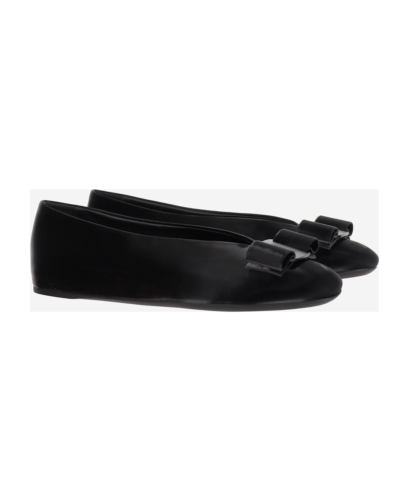 Ferragamo Leather Bow Ballerina Flats - Black