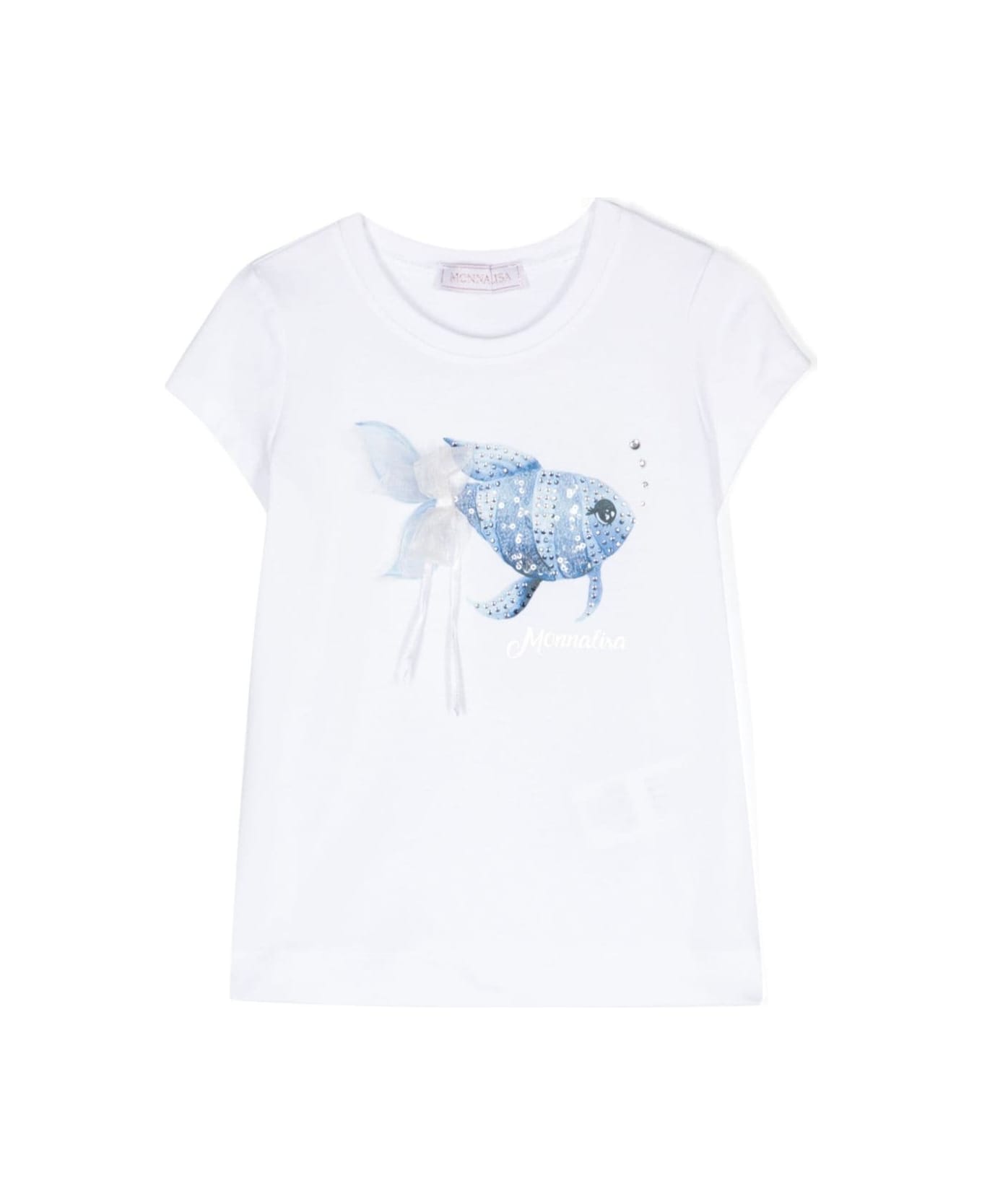 Monnalisa White T-shirt With Fish Print In Stretch Cotton Girl - White Tシャツ＆ポロシャツ
