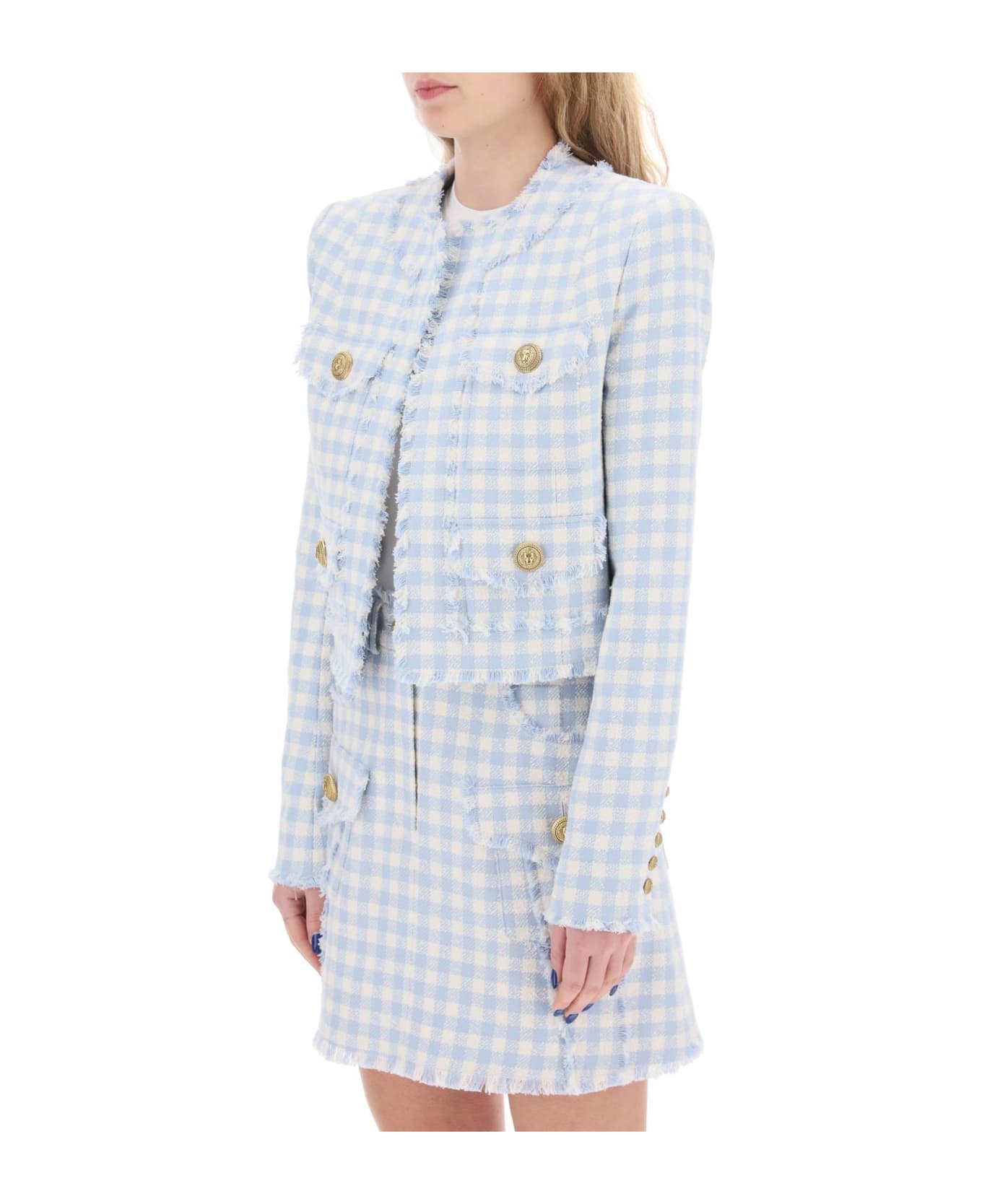 Balmain Bolero Jacket In Tweed With Gingham Pattern - Bleu pale/blanc ブレザー