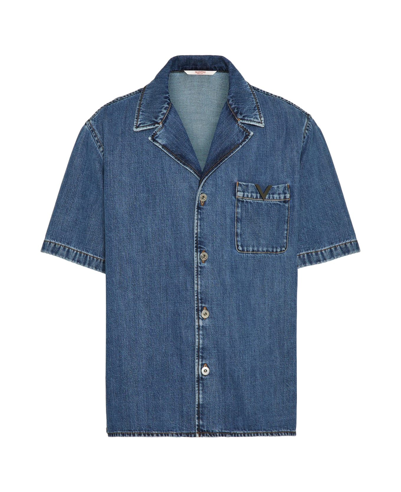 Valentino Garavani Shirt In Denim V Detail Medium Blue Wash Denim - Medium Blue Denim
