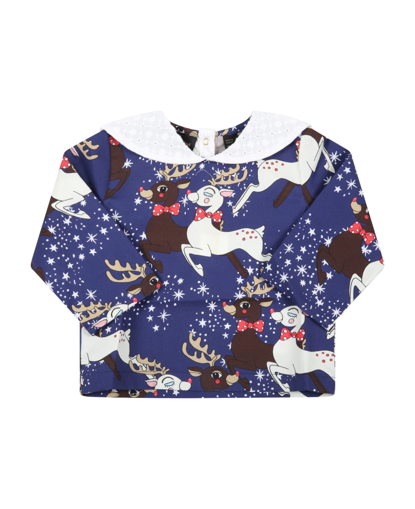Mini Rodini Blue Blouse For Baby Girl With Reindeer And Stars - Blue