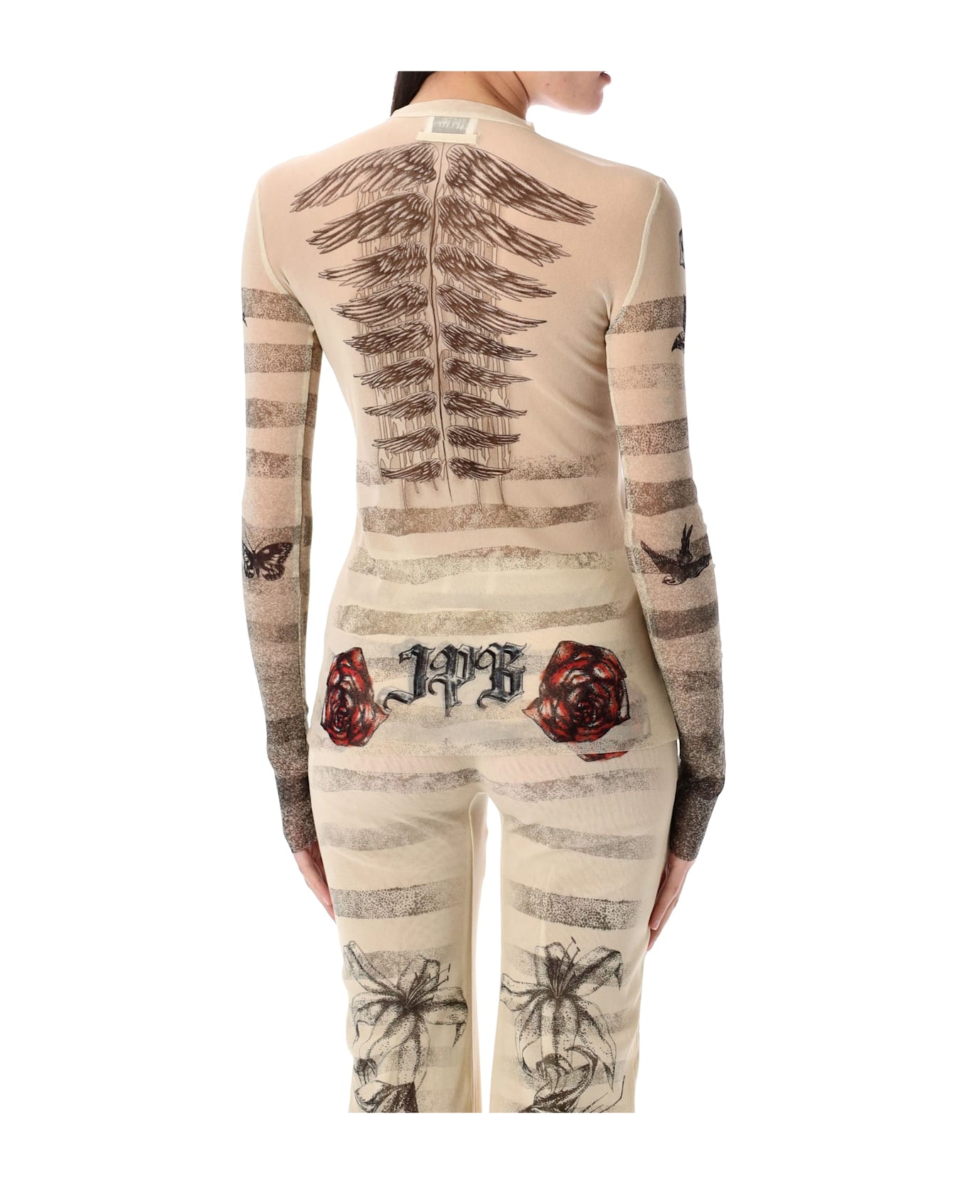 Jean Paul Gaultier Mesh Tatoo Mariner Top - ECRU BLACK RED