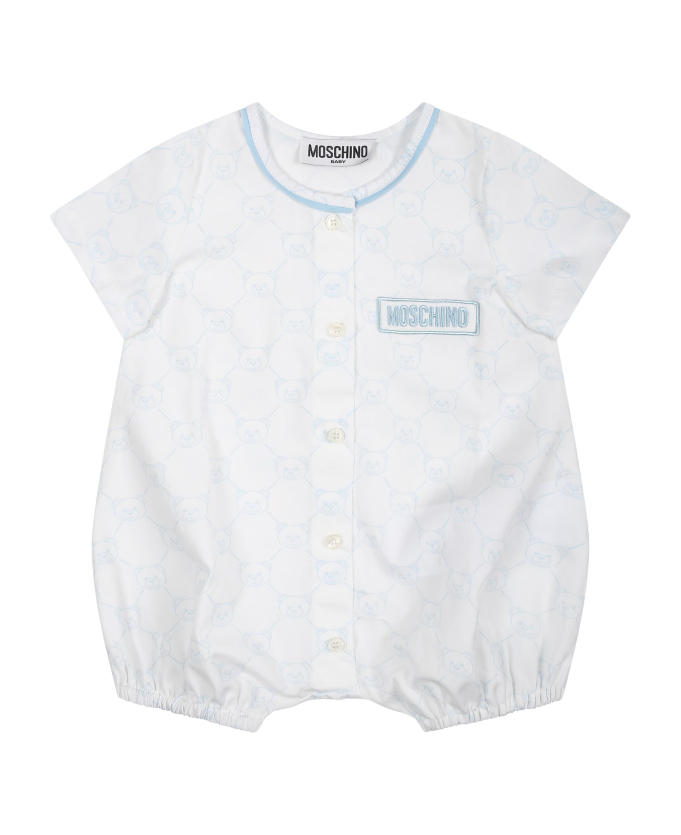 Moschino White Romper For Baby Boy With Teddy Bear Pattern And Logo - White