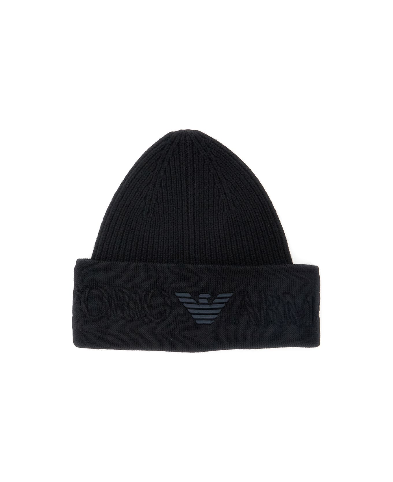 Emporio Armani Black Beanie With Maxi Logo Embroidery On The Front In Wool Man - Black