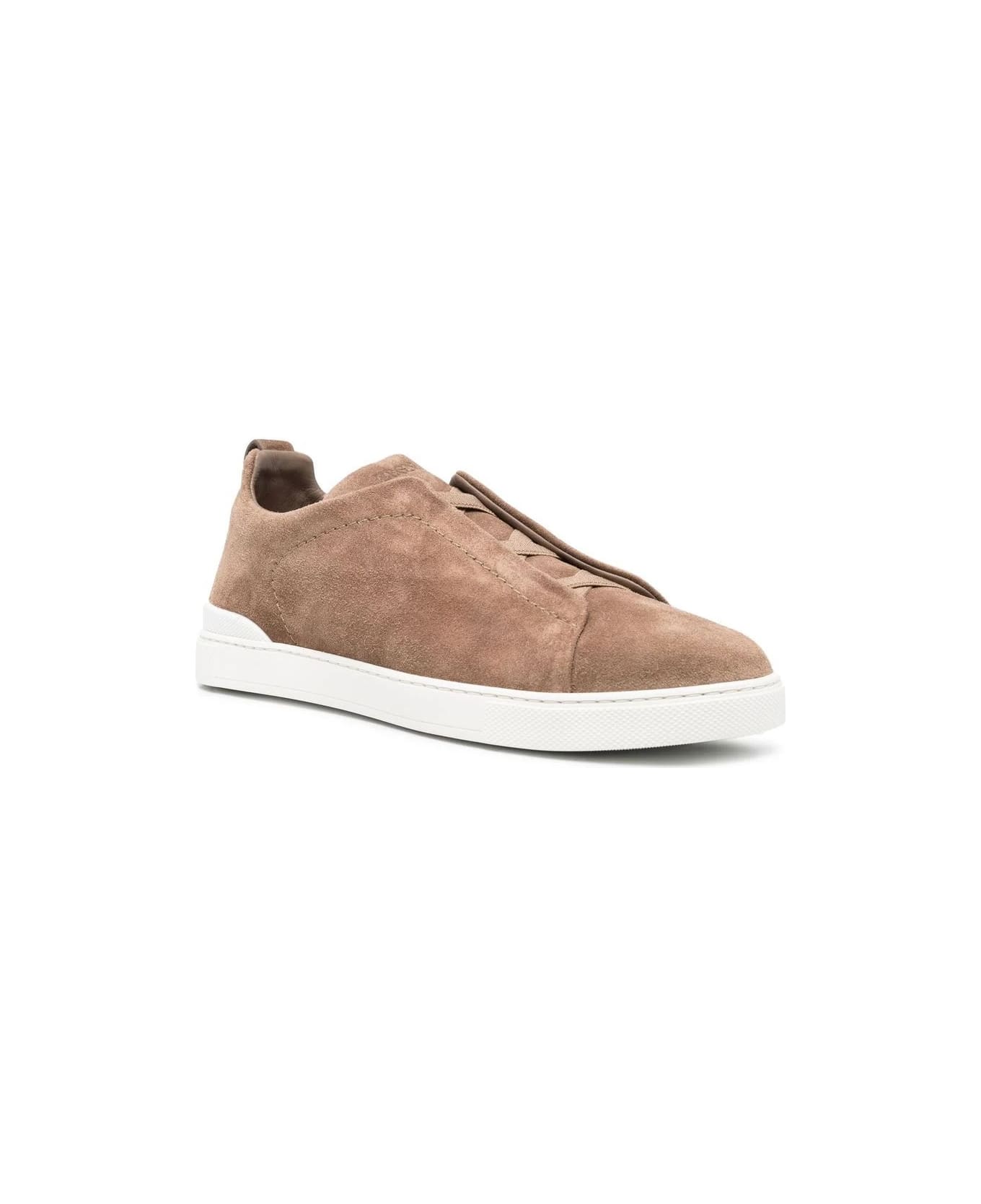 Zegna Triple Stitch Sneakers In Light Brown Suede - Brown