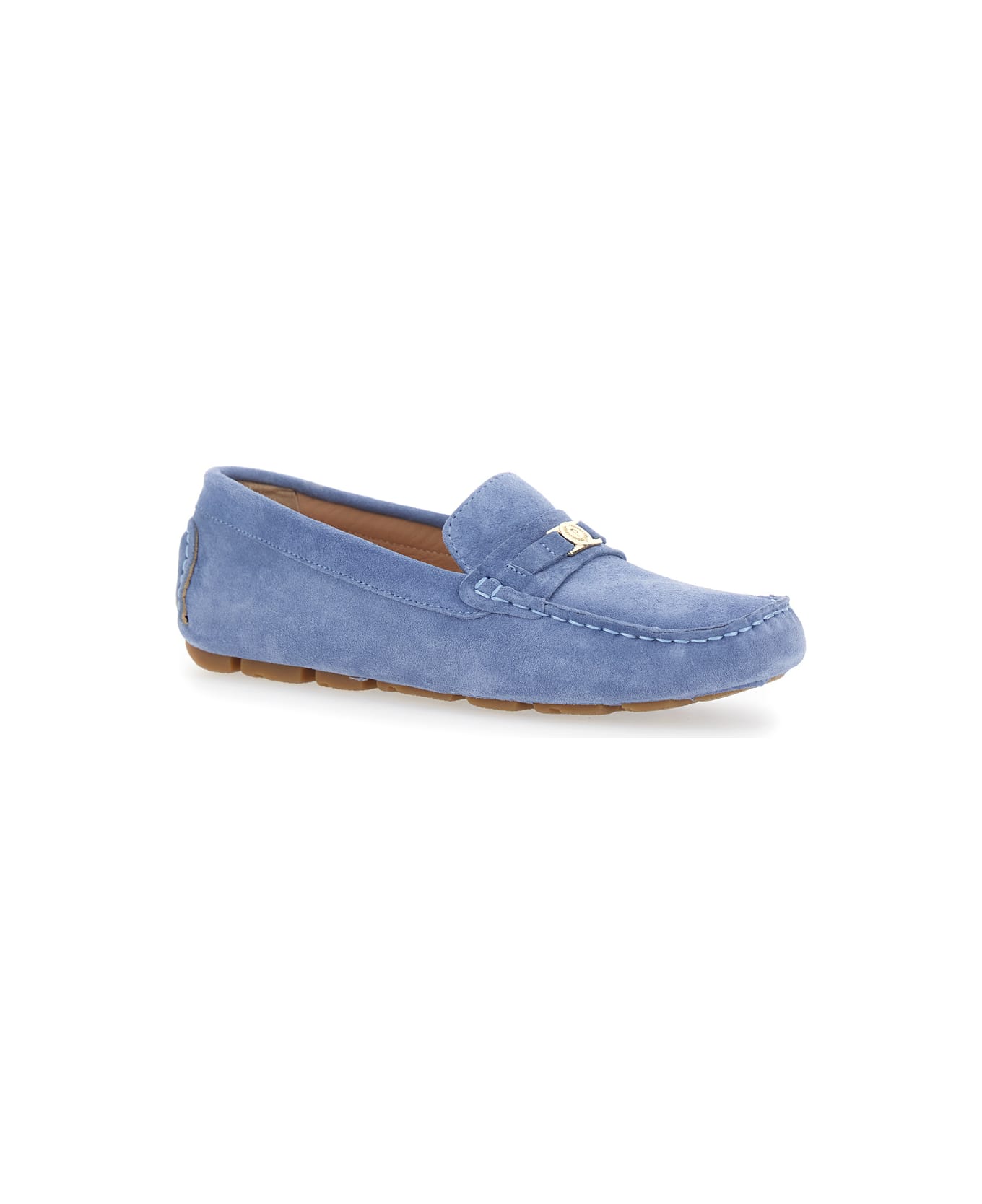 Pollini Blue Loafers With Logo Plaqe On The Front In Grained Leather Woman - Blu