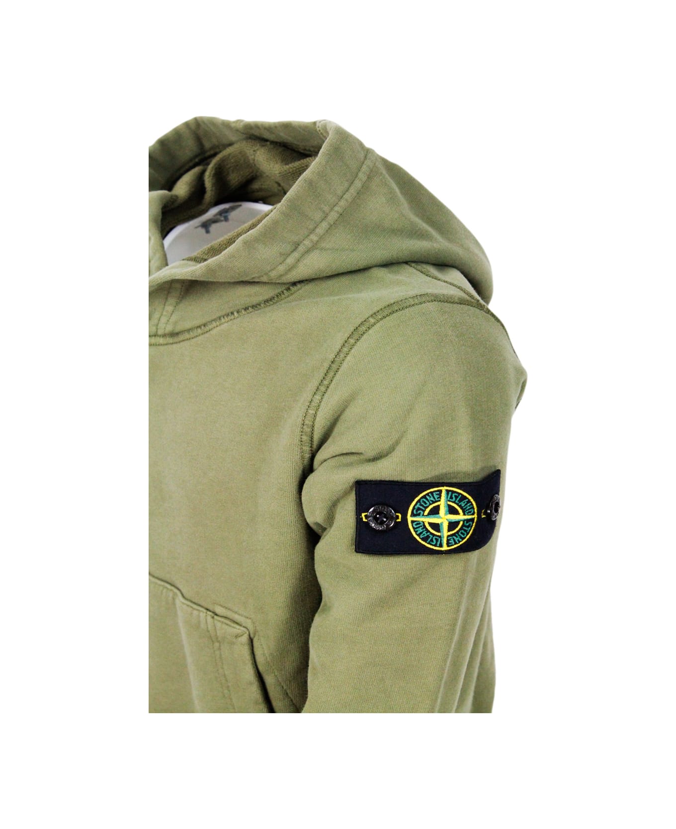 Stone Island Rocky Hooded Sweatshirt With Long Sleeves In Stretch Cotton With Badge On The Left Sleeve - Military