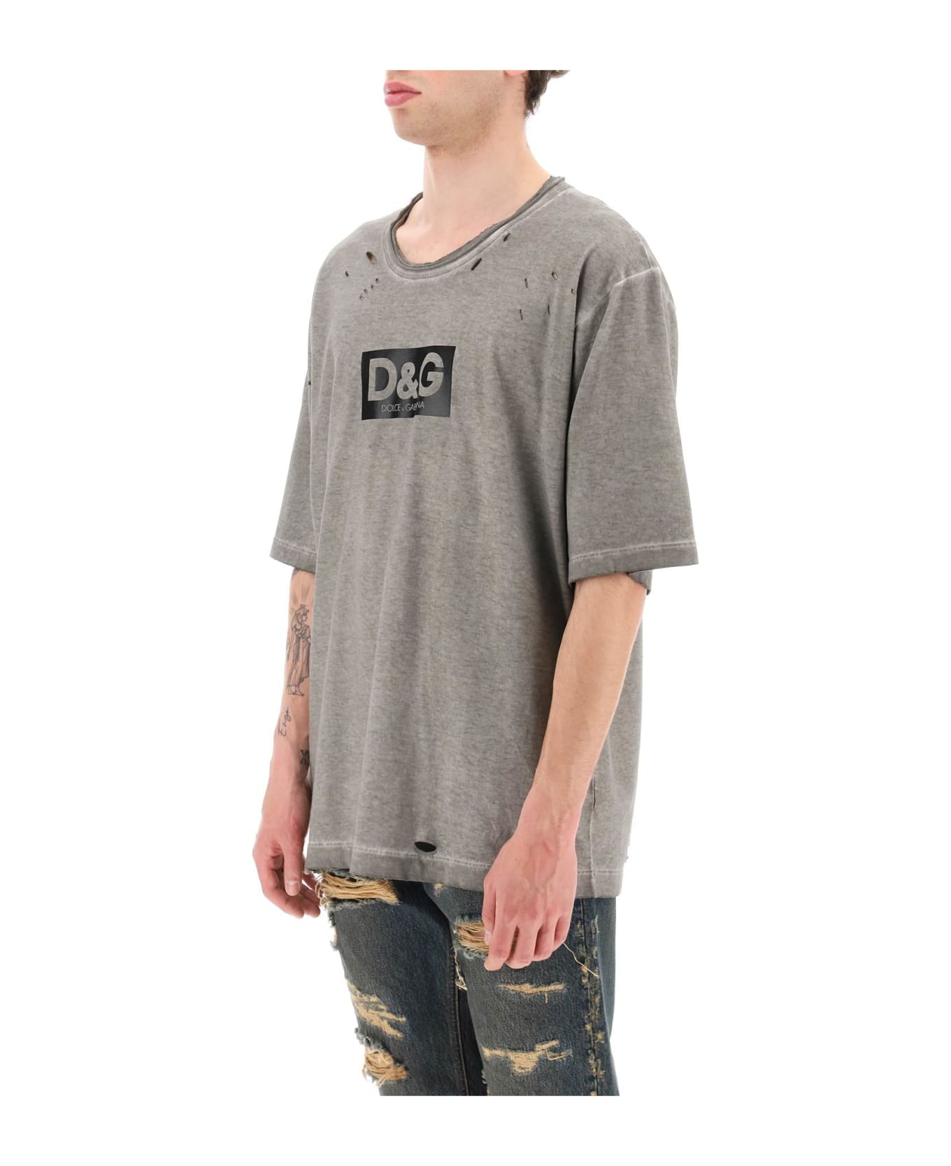 Dolce & Gabbana Washed Cotton T-shirt With Destroyed Detailing - Grey