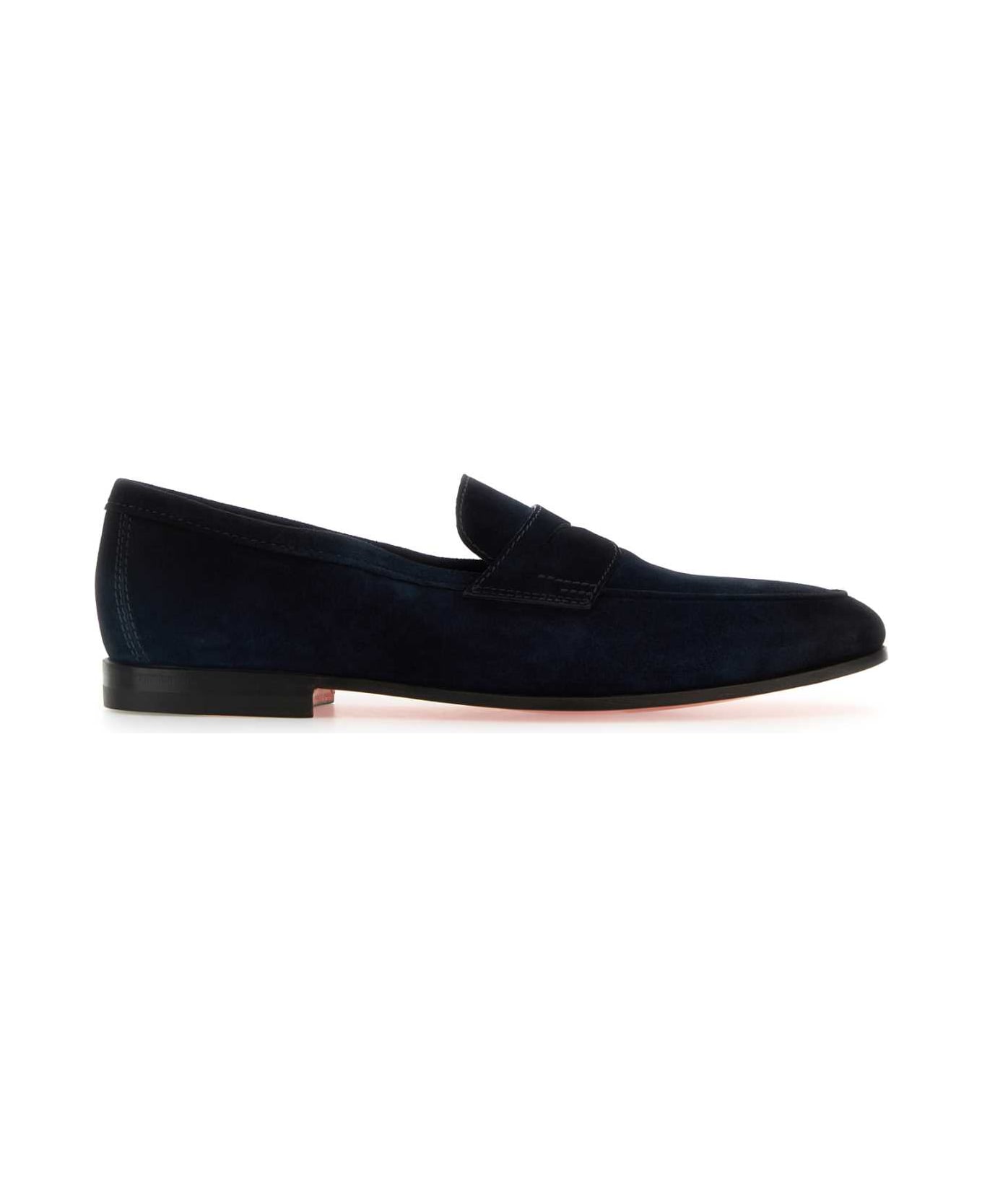Santoni Navy Blue Suede Carlos Loafers - Blue