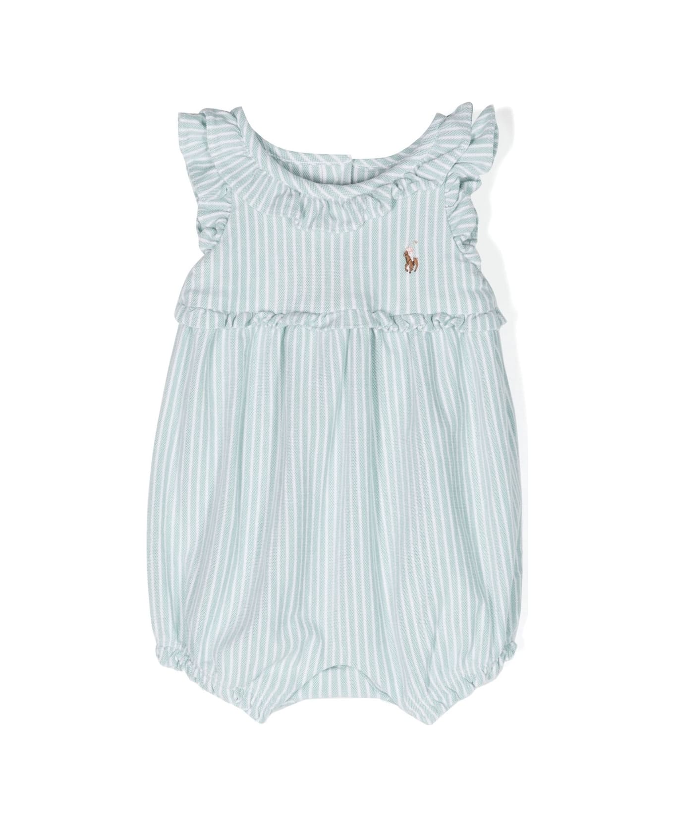 Ralph Lauren White And Green Striped Romper With Pony - Green