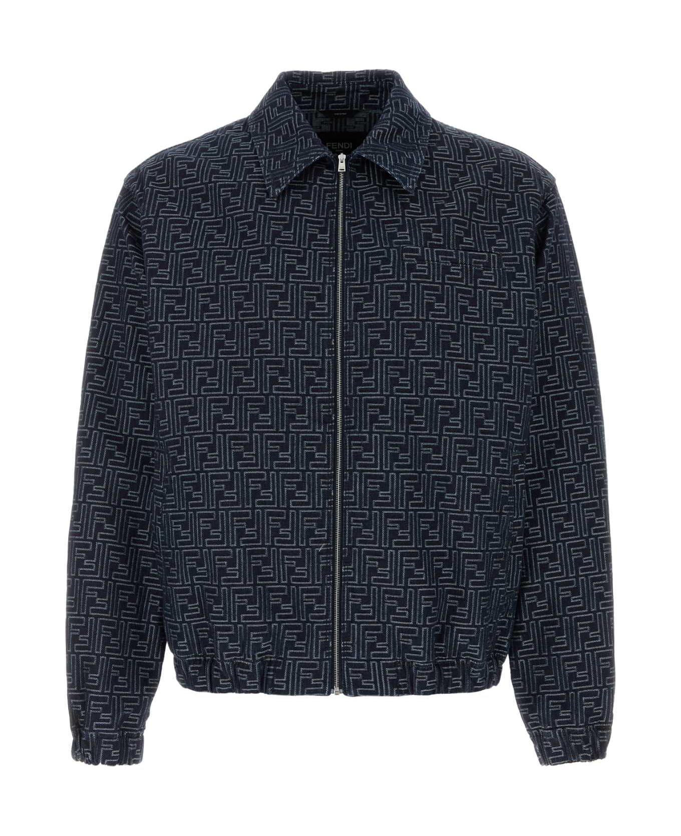 Fendi Embroidered Denim Bomber Jacket - INDIGO