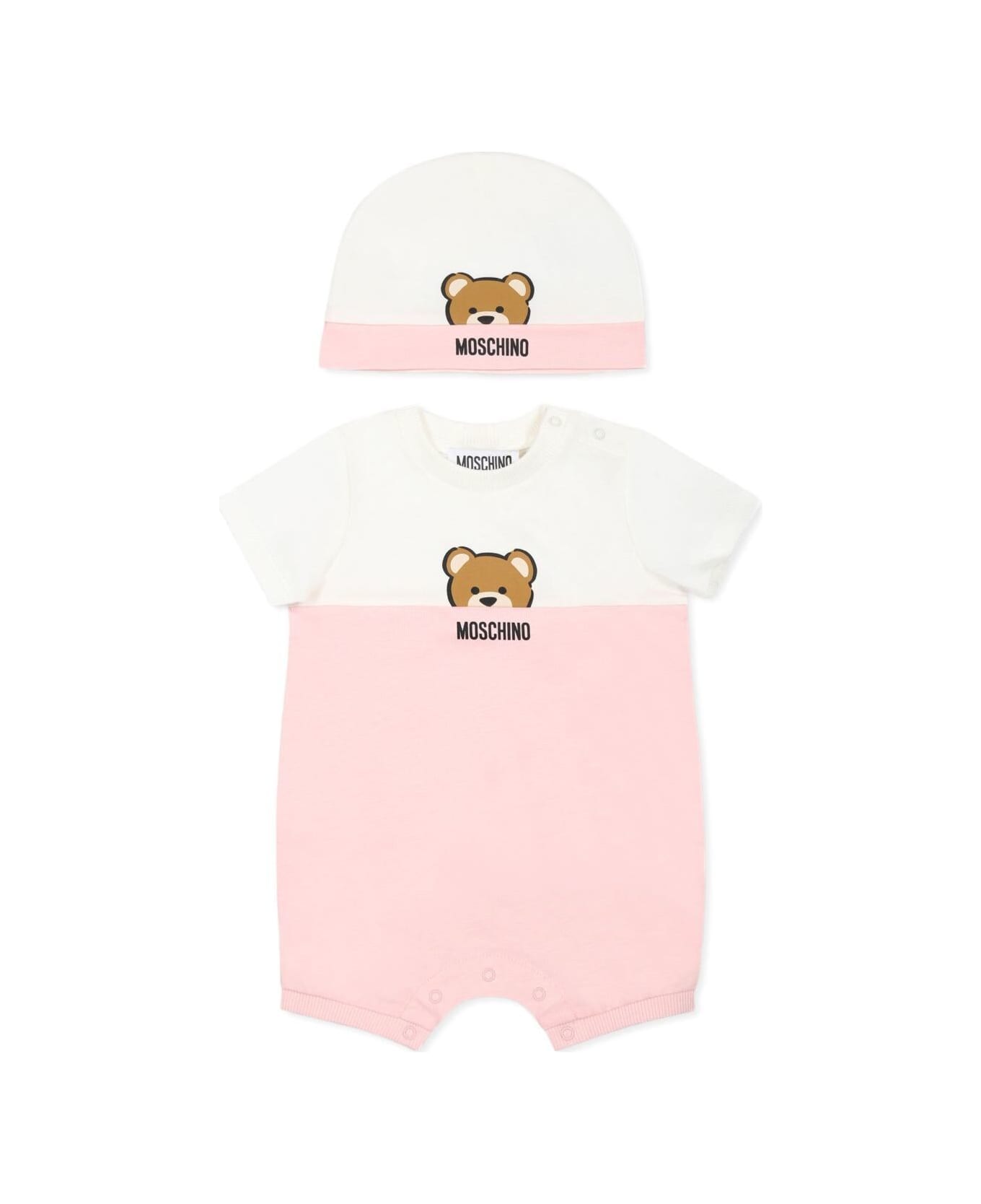 Moschino Pink Set With One-piece And Beanie With Logo Detail On The Front In Cotton Baby - Pink