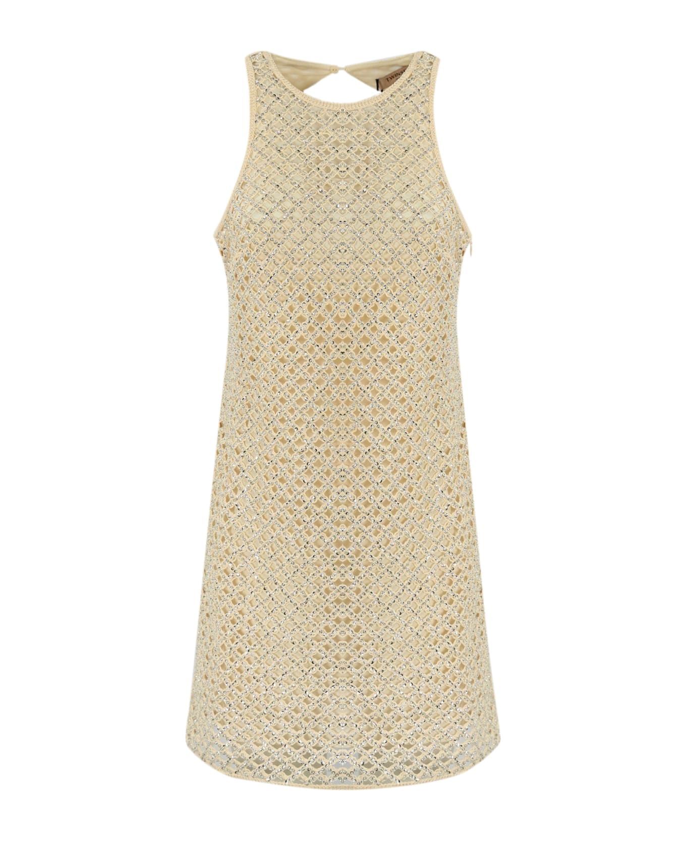 TwinSet Net Dress With Beads And Rhinestones - Beige