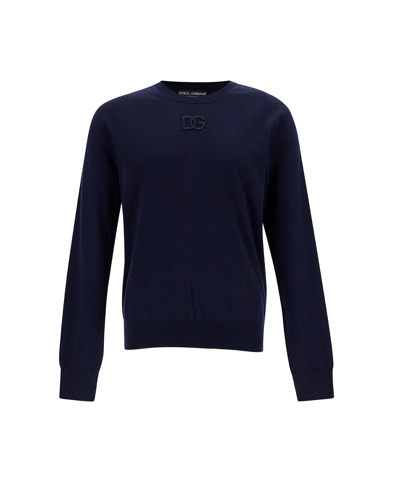 Dolce & Gabbana Blue Crewneck Sweater With Tonal Logo Embroidery In Wool Man - Blue