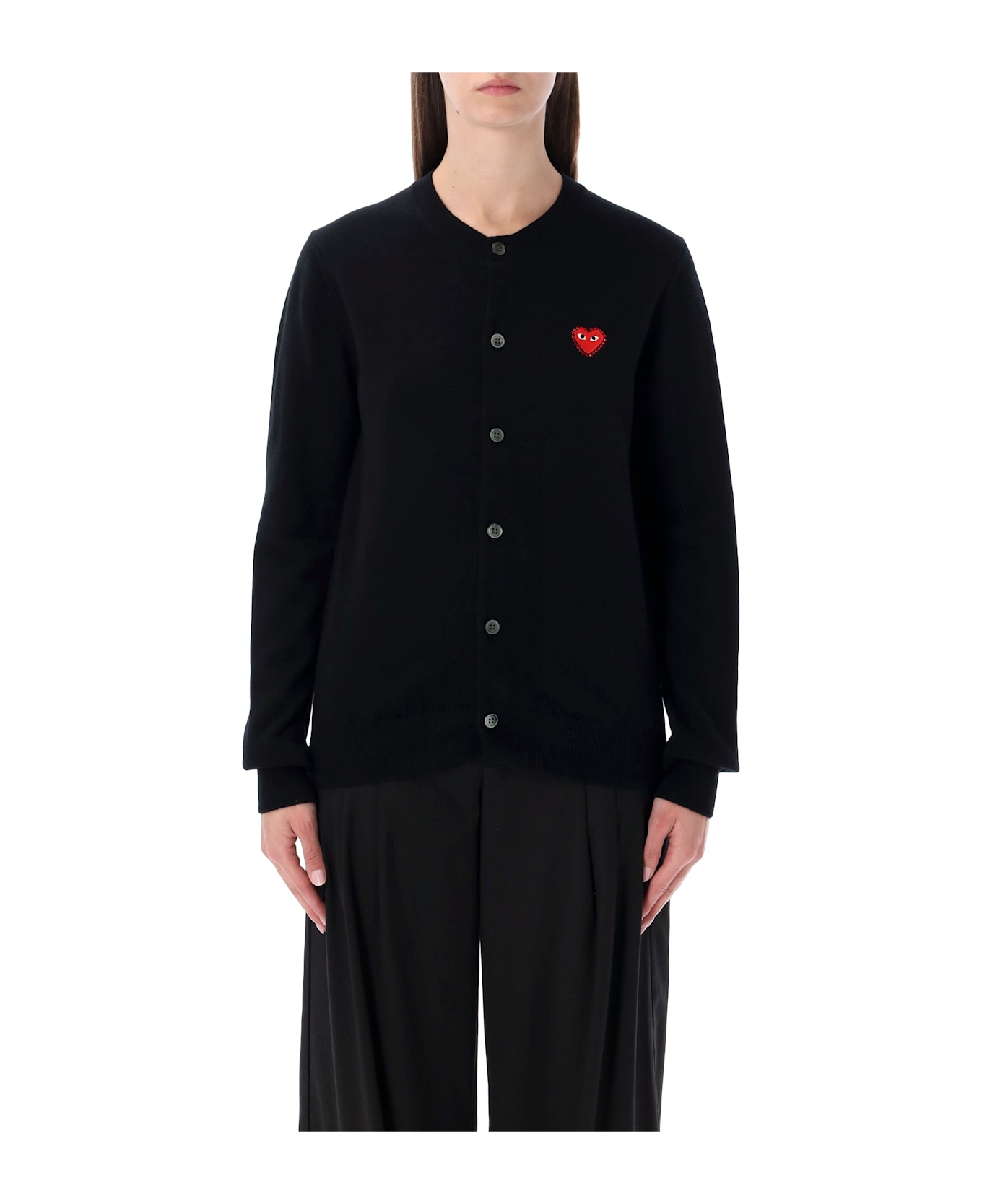 Comme des Garçons Play Wool Cardigan With Red Crystal Heart - BLACK