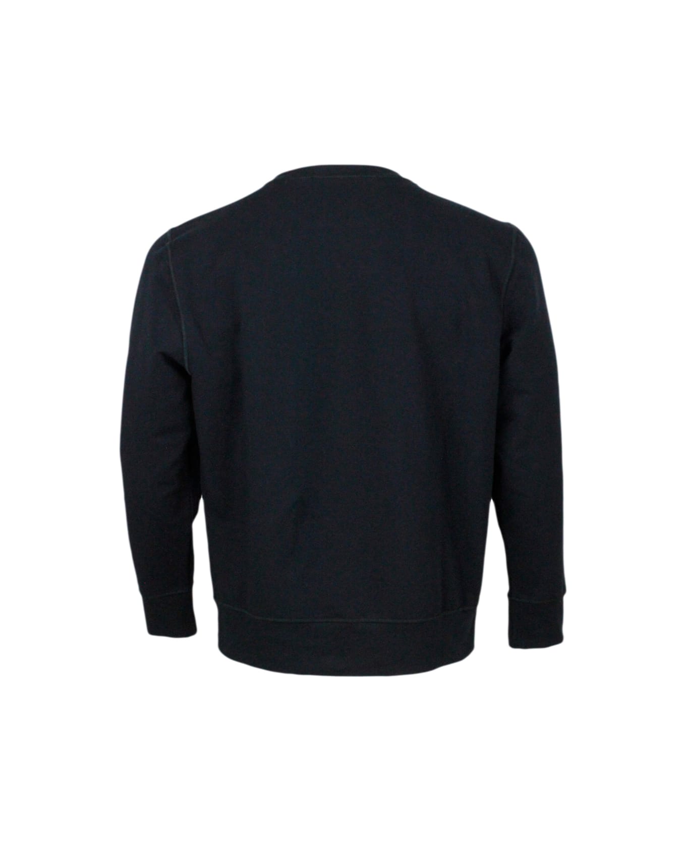Kiton Long-sleeved Crew-neck Sweatshirt In Fine Stretch Cotton With Logo Writing On The Chest - Blu