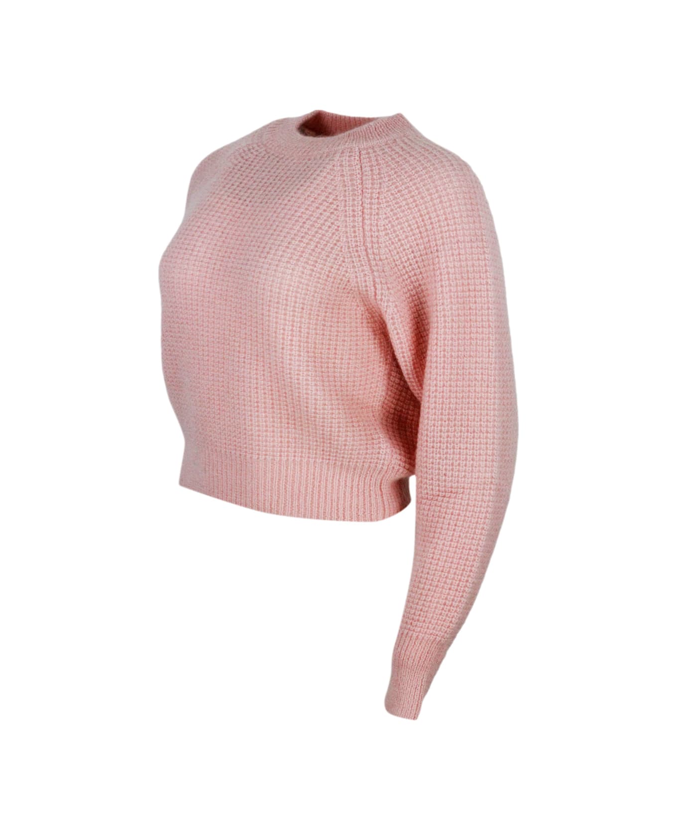 Fabiana Filippi Long-sleeved Crew-neck Sweater In Mohair, Cropped Model With Raglan Sleeves And Diamond Stitch Work - Pink ニットウェア