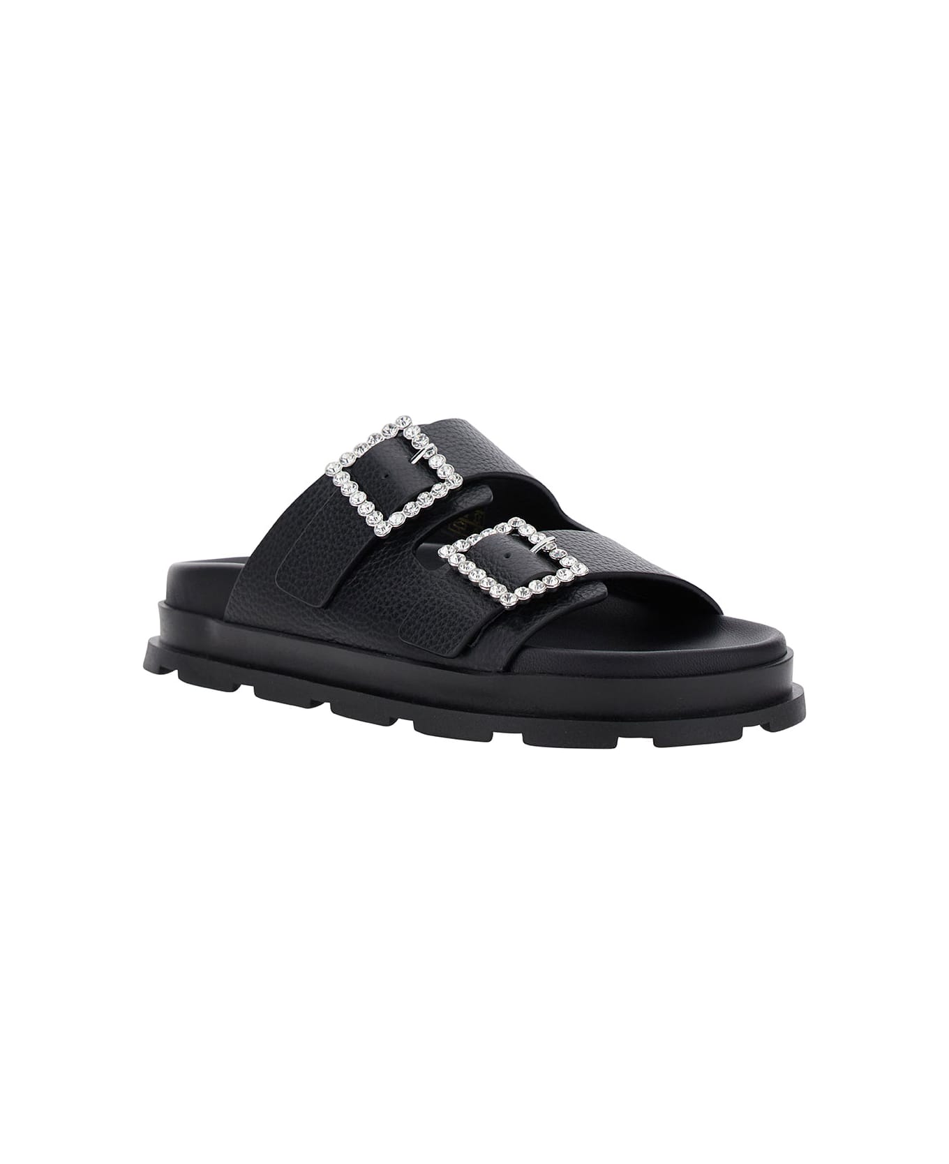 Pollini Black Sandals With Rhinestone Buckle In Hammered Leather Woman - Black