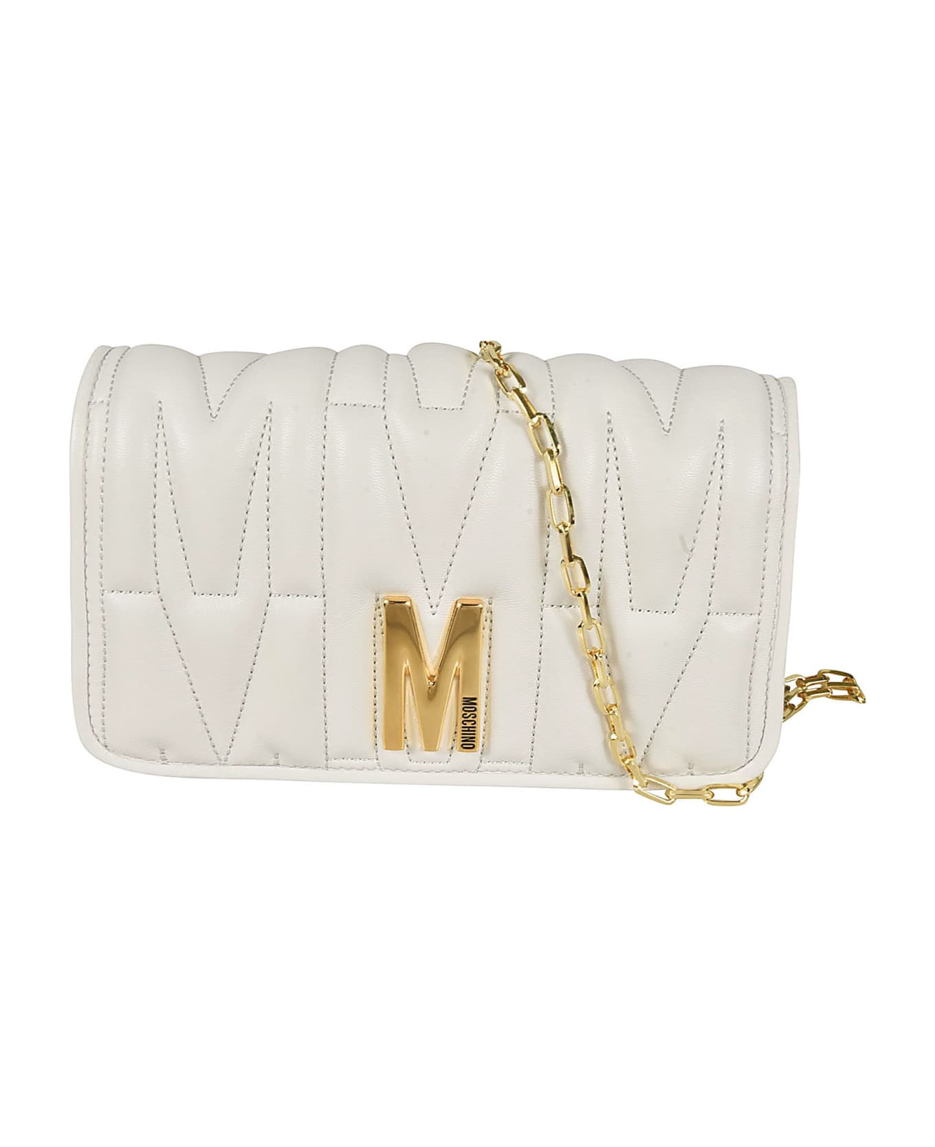 Moschino M Plaque Quilted Flap Chain Shoulder Bag - Grey