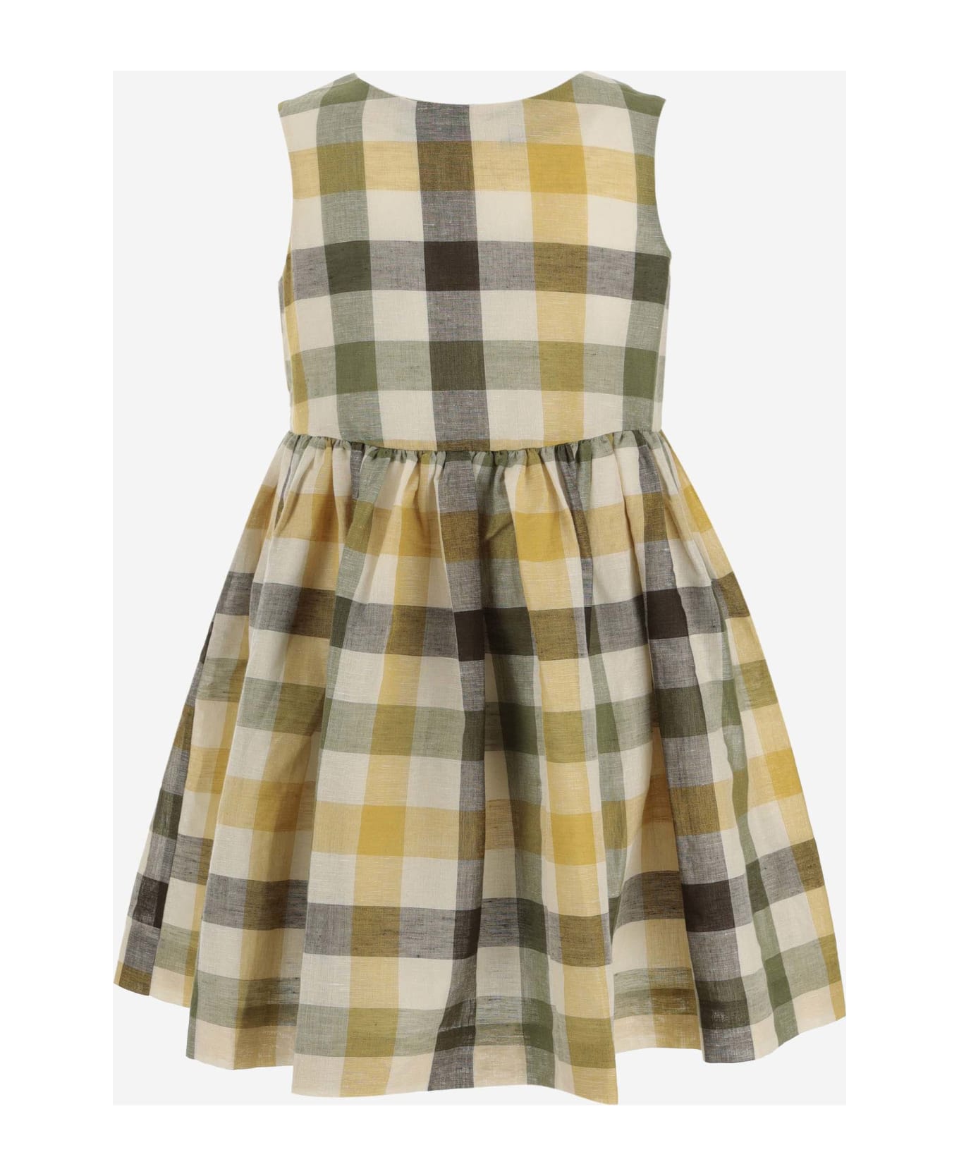 Bonpoint Linen And Cotton Dress With Check Pattern - B Ca Pois Casse