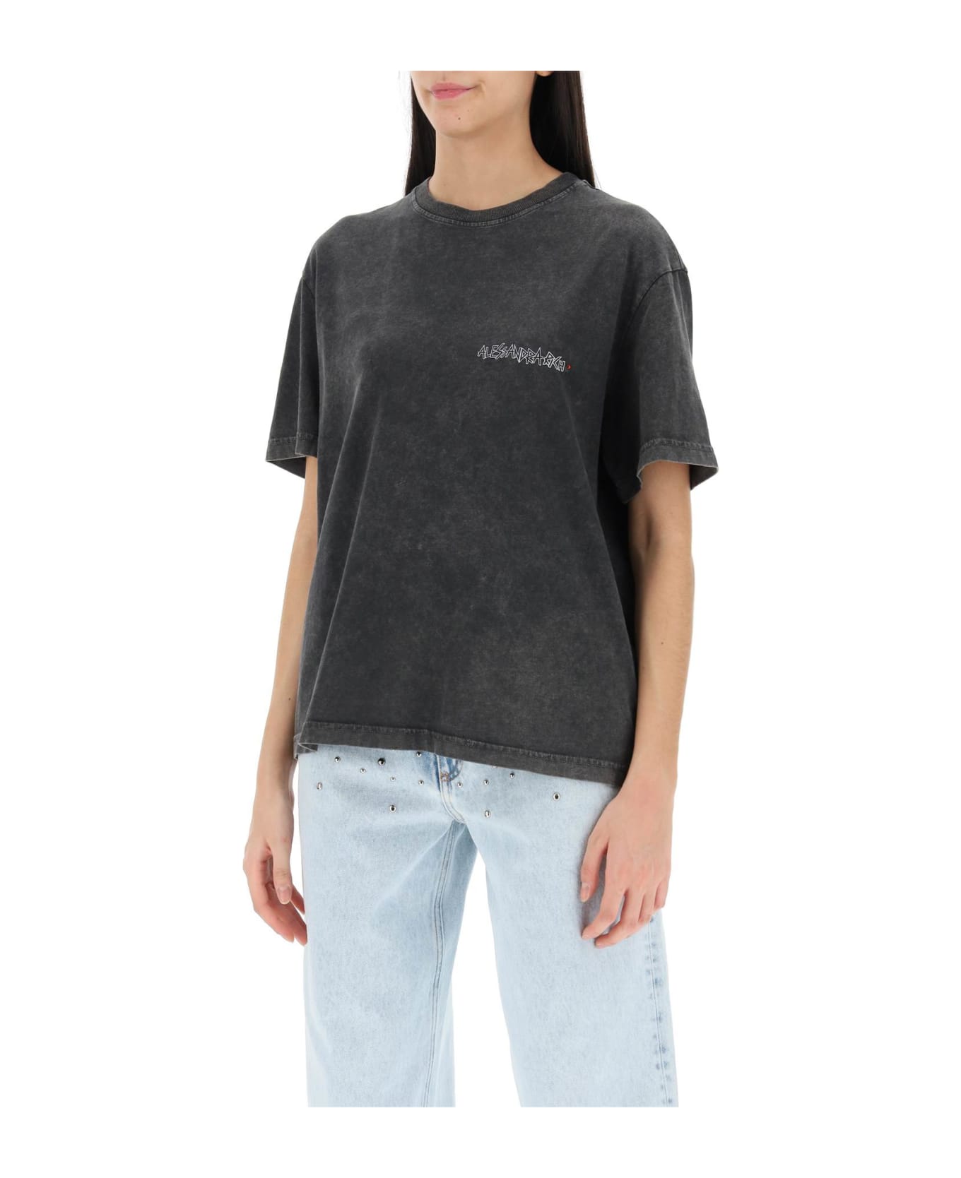 Alessandra Rich Oversized T-shirt With Print And Rhinestones - GREY (Grey)