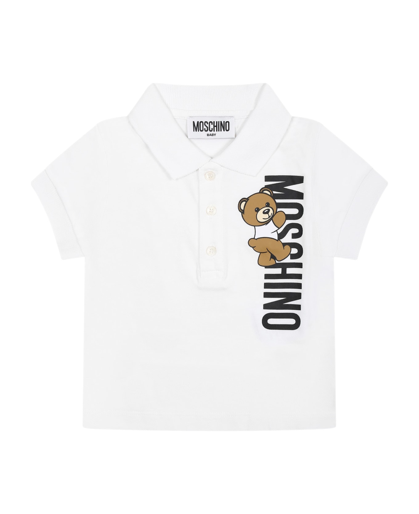 Moschino White Polo Shirt For Baby Boy With Teddy Bear And Logo - White