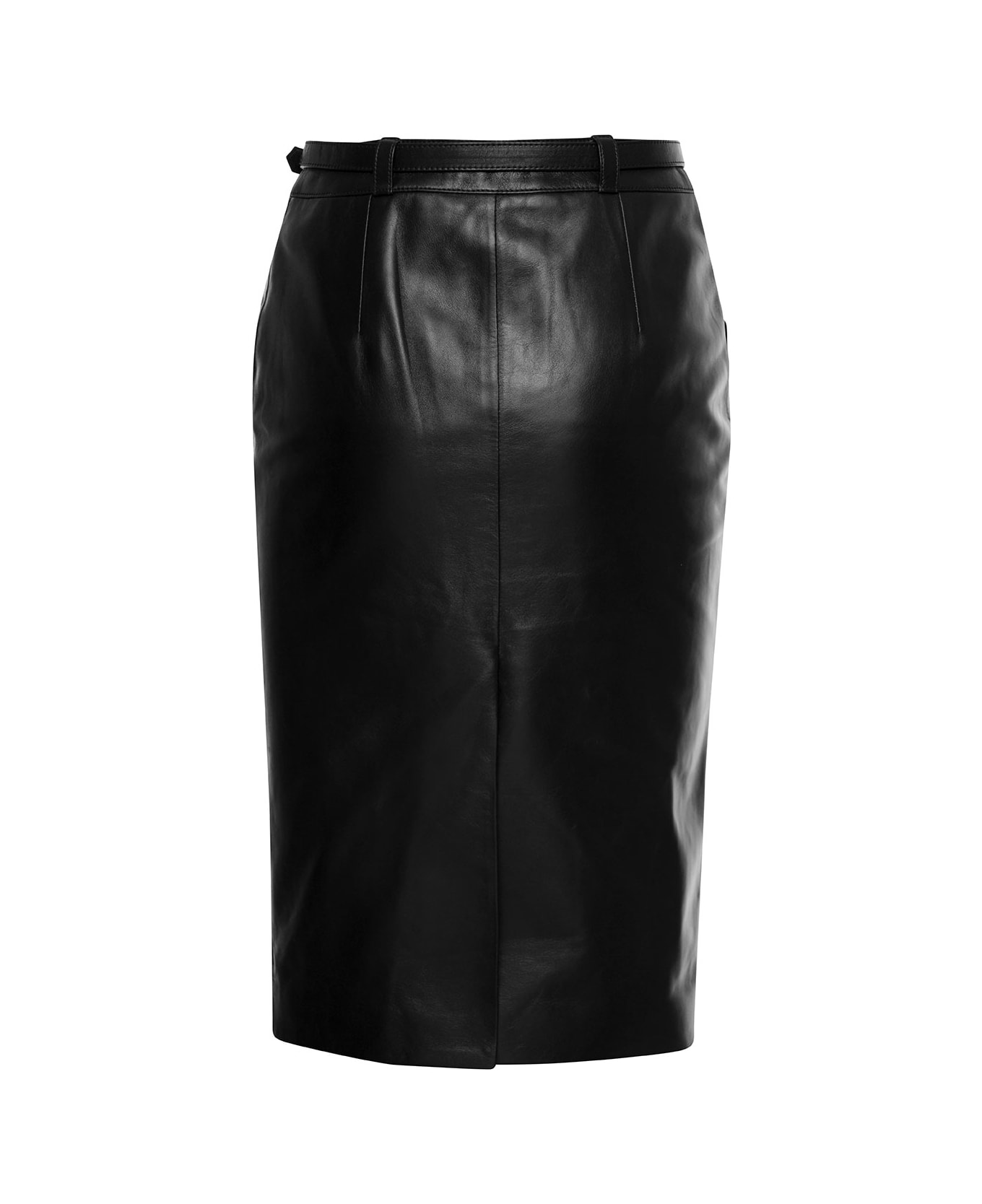 Saint Laurent Midi Black Belted Skirt In Leather Woman - Black