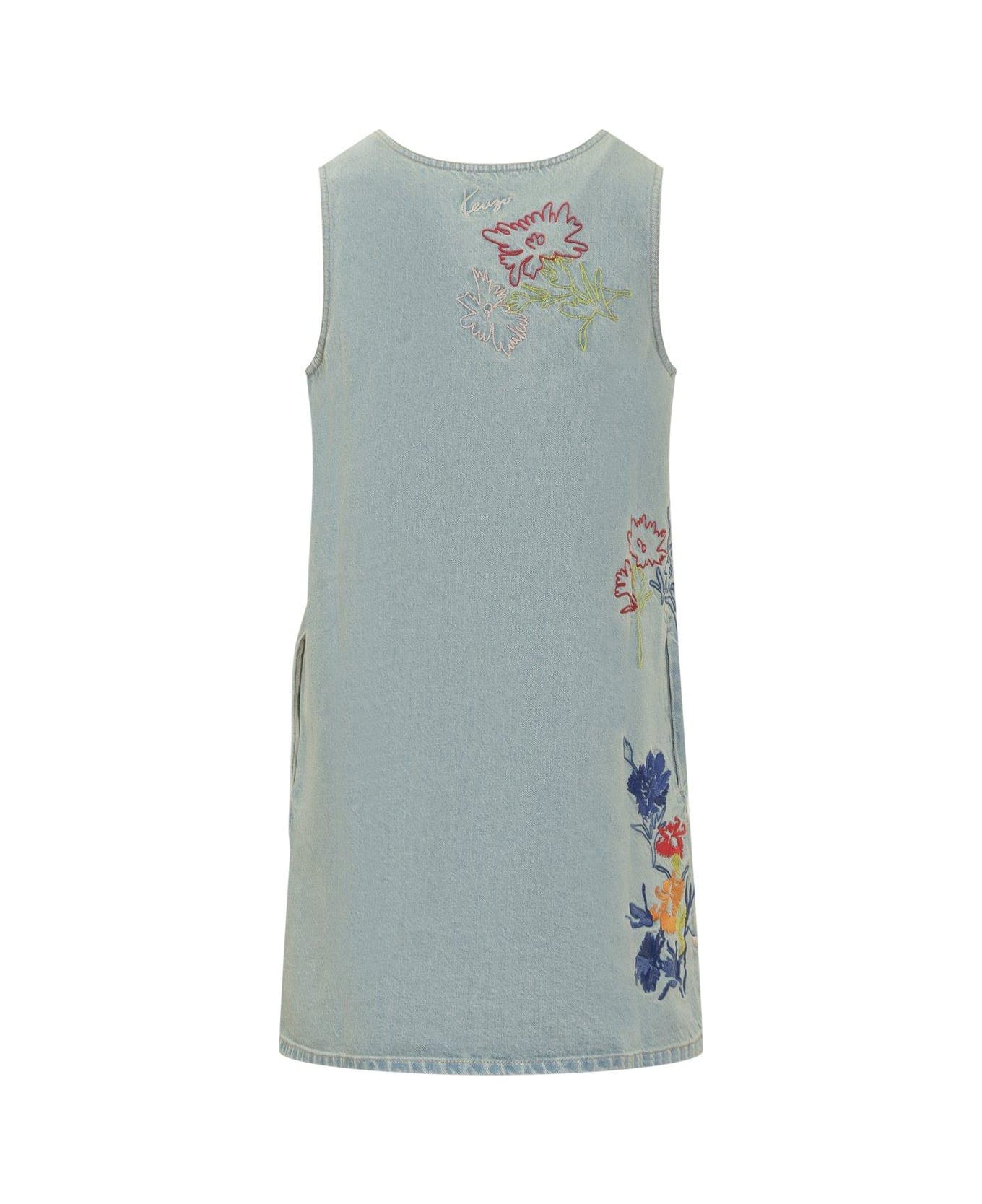 Kenzo Floral Patterned Denim Dress - STONE WASHED BLUE